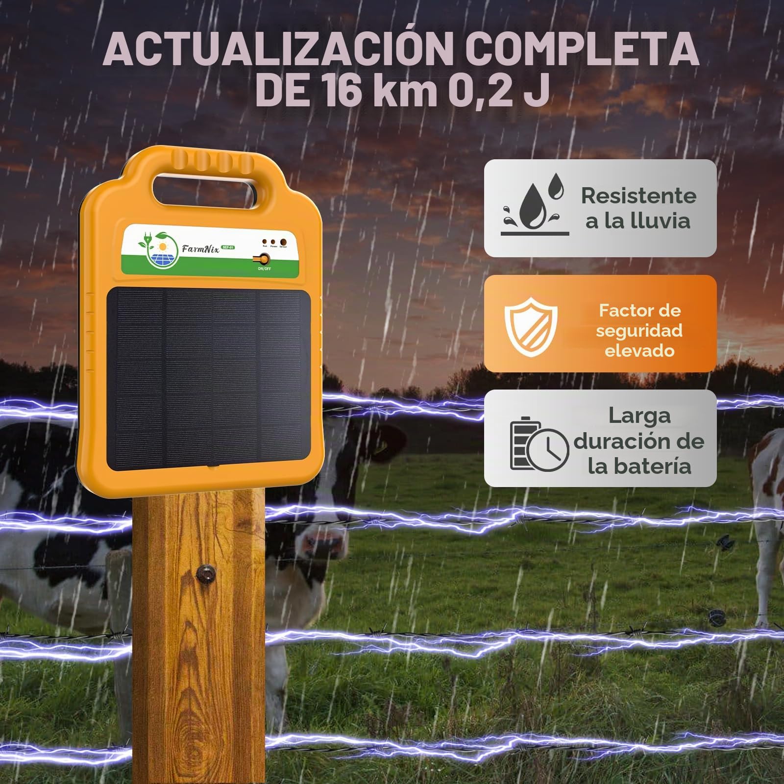 16 KM Pastor Electrico Solar, 8KV 0.2J Cerca Eléctrica Controlador | Pastores Eléctricos para Caballos, Ganado, Ovejas, Jabalíes, Cría de Animales Pastores, para Granja Pastar Jardín, IP55