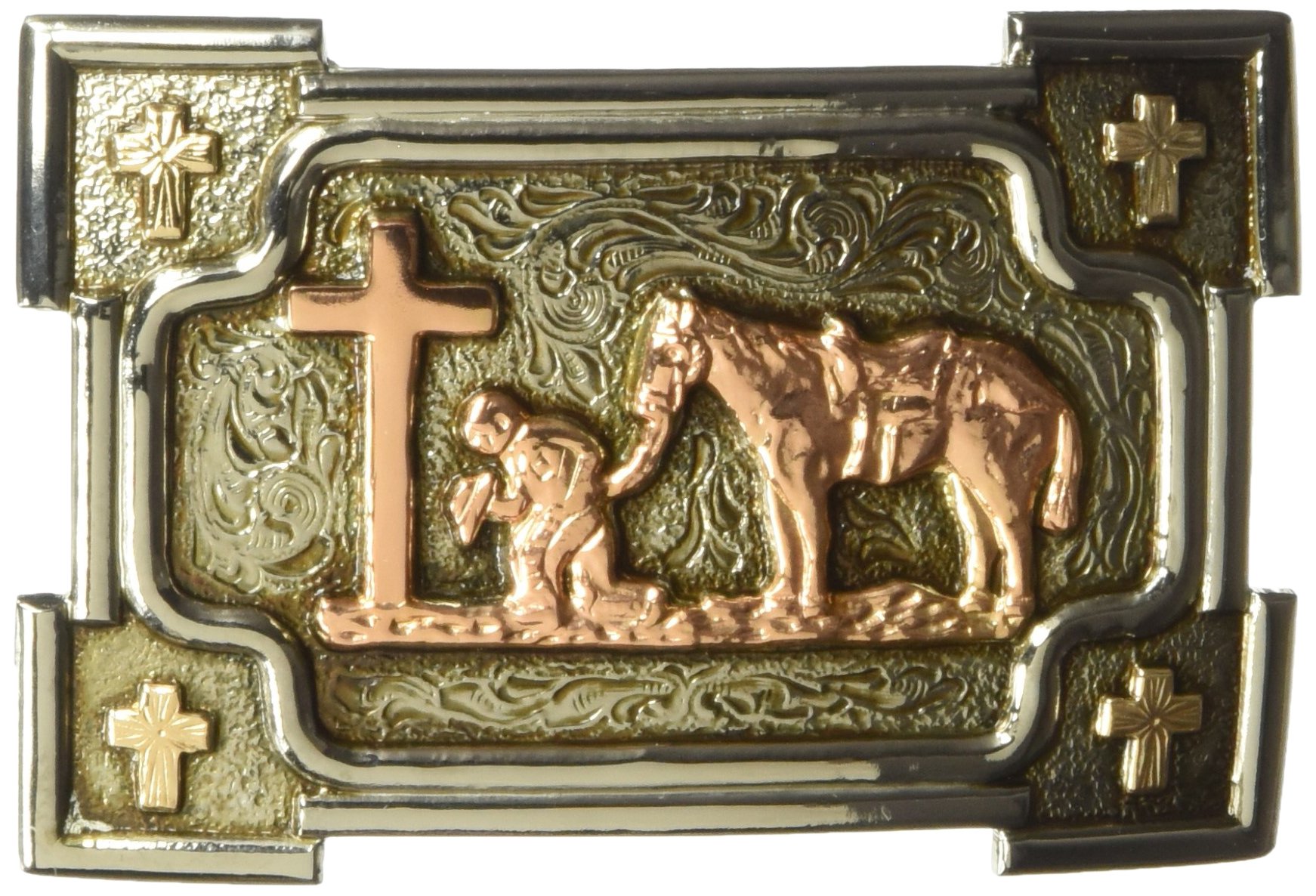 Crumrine Rectangle Praying Cowboy Belt Buckle with Gold Cross Accents (Multicolored, 2-3/8
