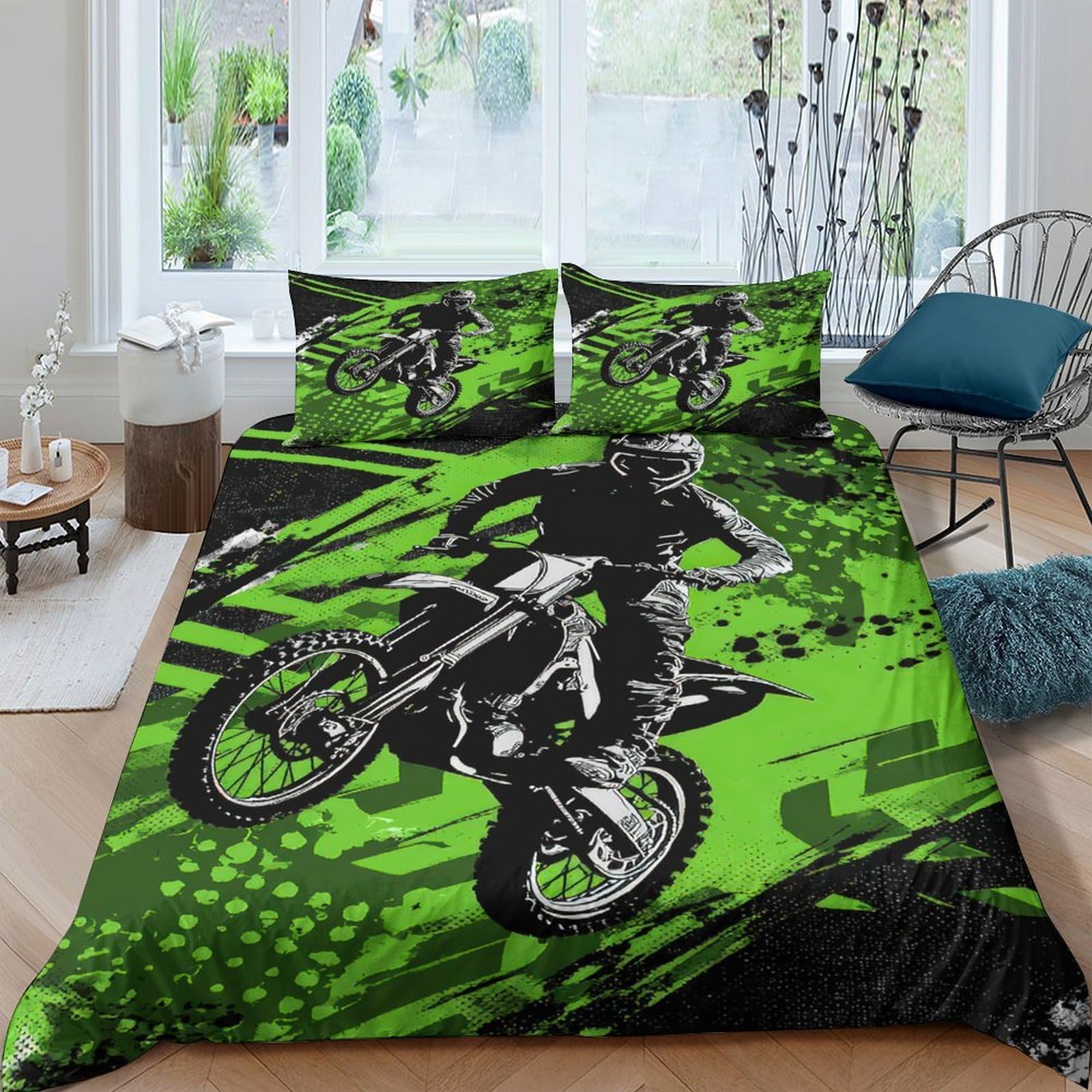 GPLZQXKJNH 3D Printed Dirt Bike Duvet Cover Microfiber Soft Breathable Motocross Bedding Set with 2 Pillowcases for Bedroom Decor Single（135x200cm）
