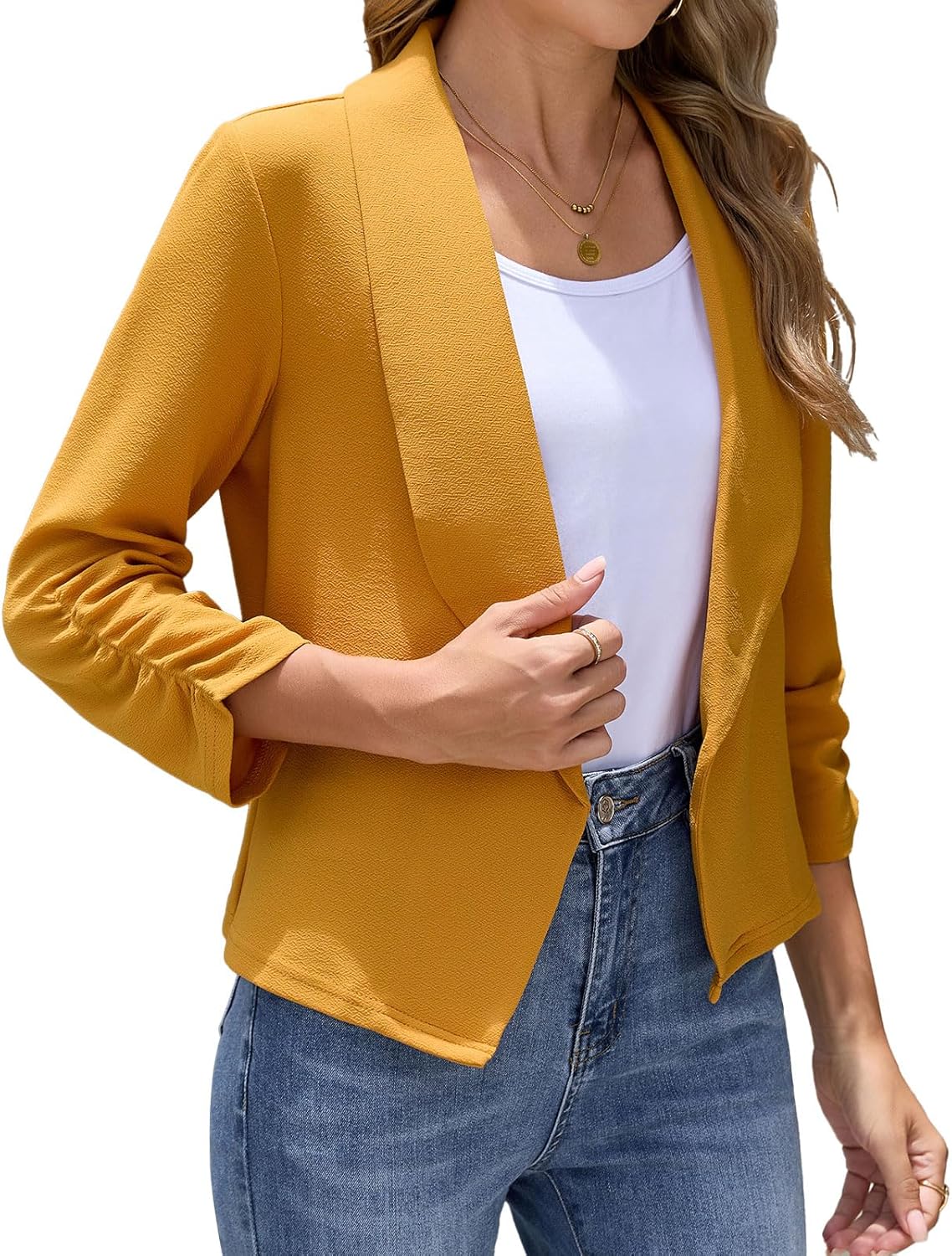 Women's Blazer 3/4 Sleeve Open Front Blazers Slim Fit Casual Work Lightweight Suit Jacket - Image 3