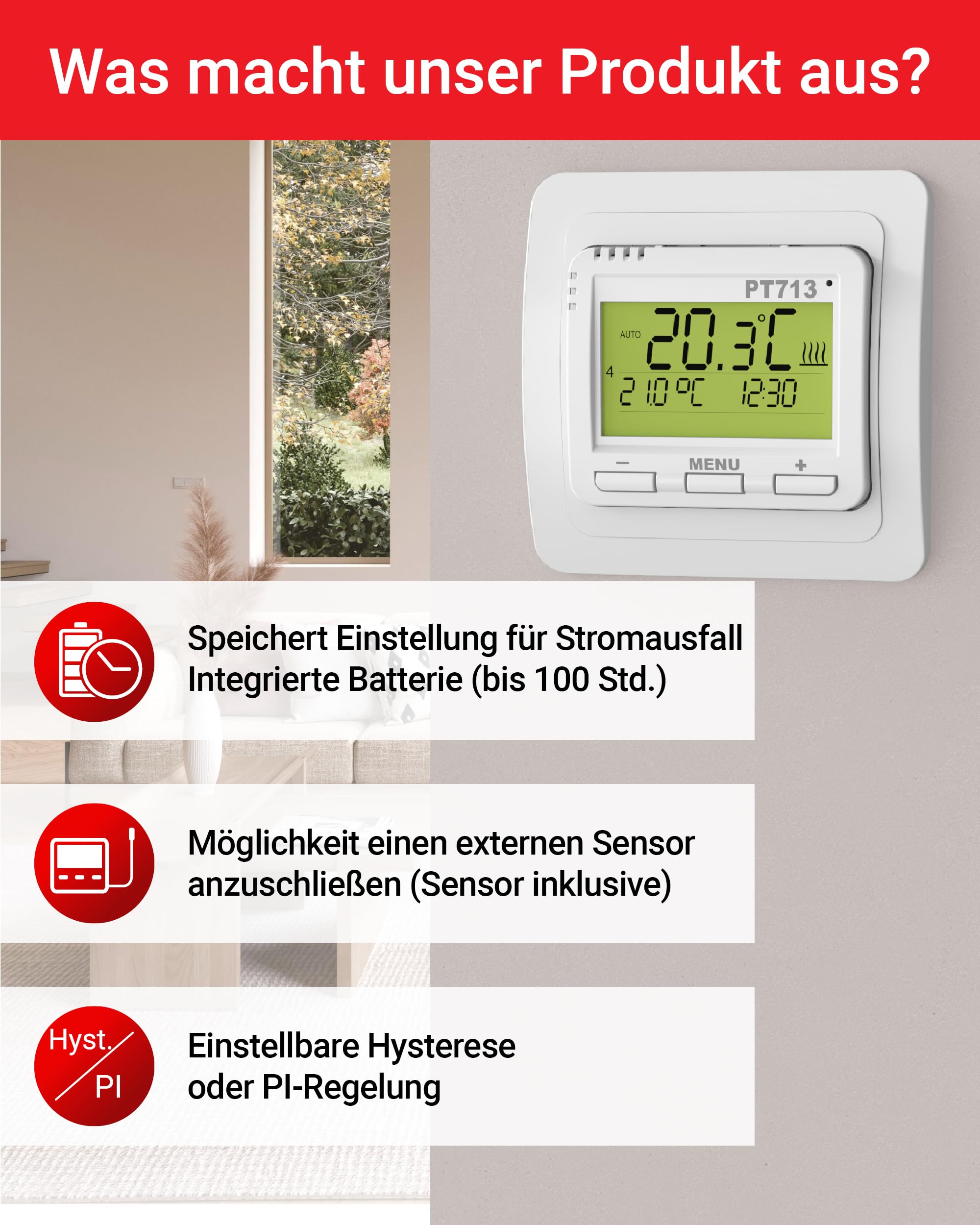 ELEKTROBOCK PT713-EI Digitaler Wandthermostat - 𝖵𝖤𝖱𝖡𝖱𝖠𝖴𝖢𝖧𝖲𝖡𝖤𝖱𝖤𝖢𝖧𝖭𝖴𝖭𝖦 - Programmierbar - LCD Display Beleuchtet - Externer Fühler inklusive - Elektrische Heizungen