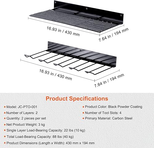 Miniatura 7 de VEVOR Organizador de herramientas eléctricas, 4 ranuras, 2 capas, paquete de 2 soportes inalámbricos para taladro de pared, estación de carga de