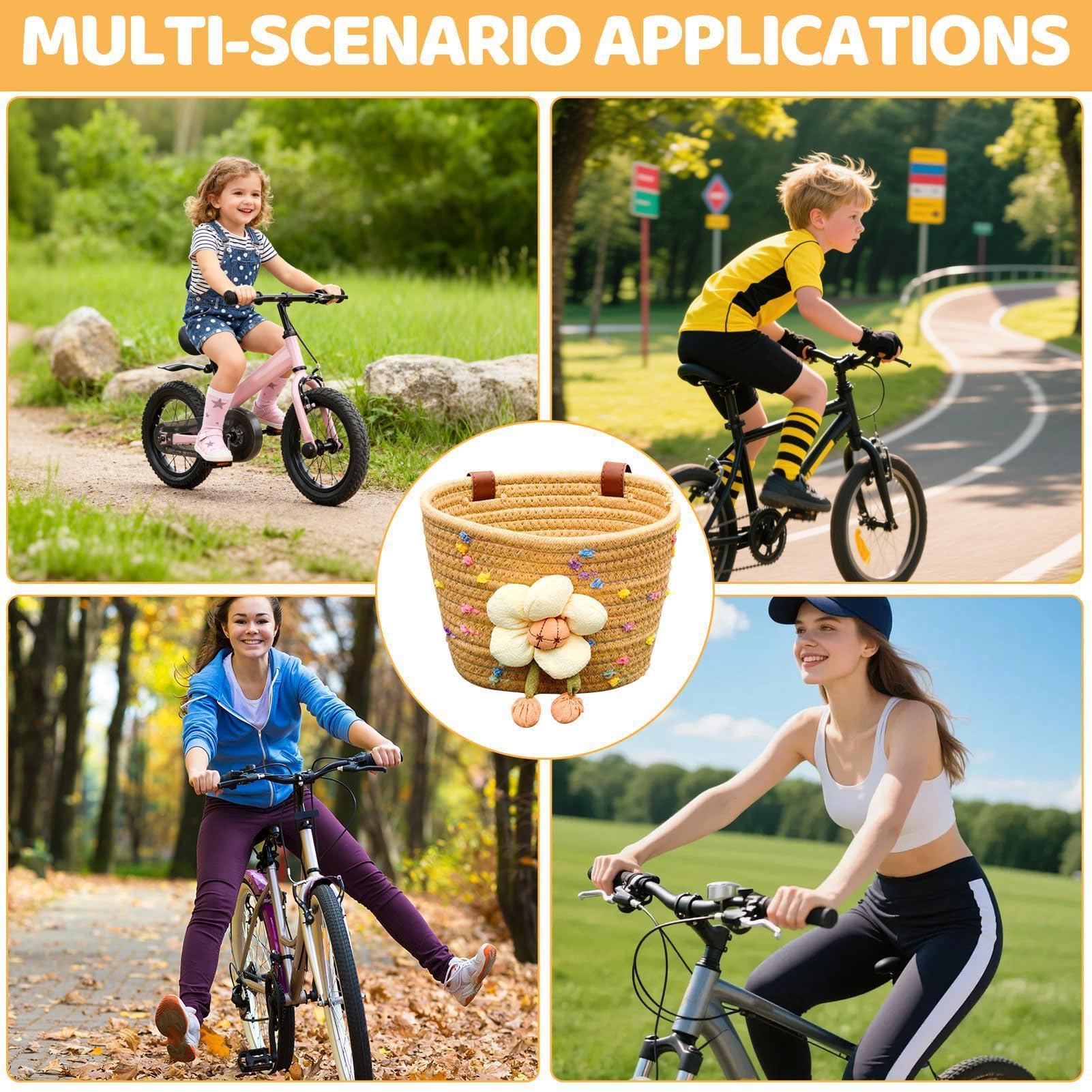 Kids Bicycle Basket - Hand Woven Cotton Rope Plush Flower, Kids Small Bicycle Basket for Scooters, Tricycles, Balance Bikes, Beverages Keys Small Toys Storage Front Handle Use