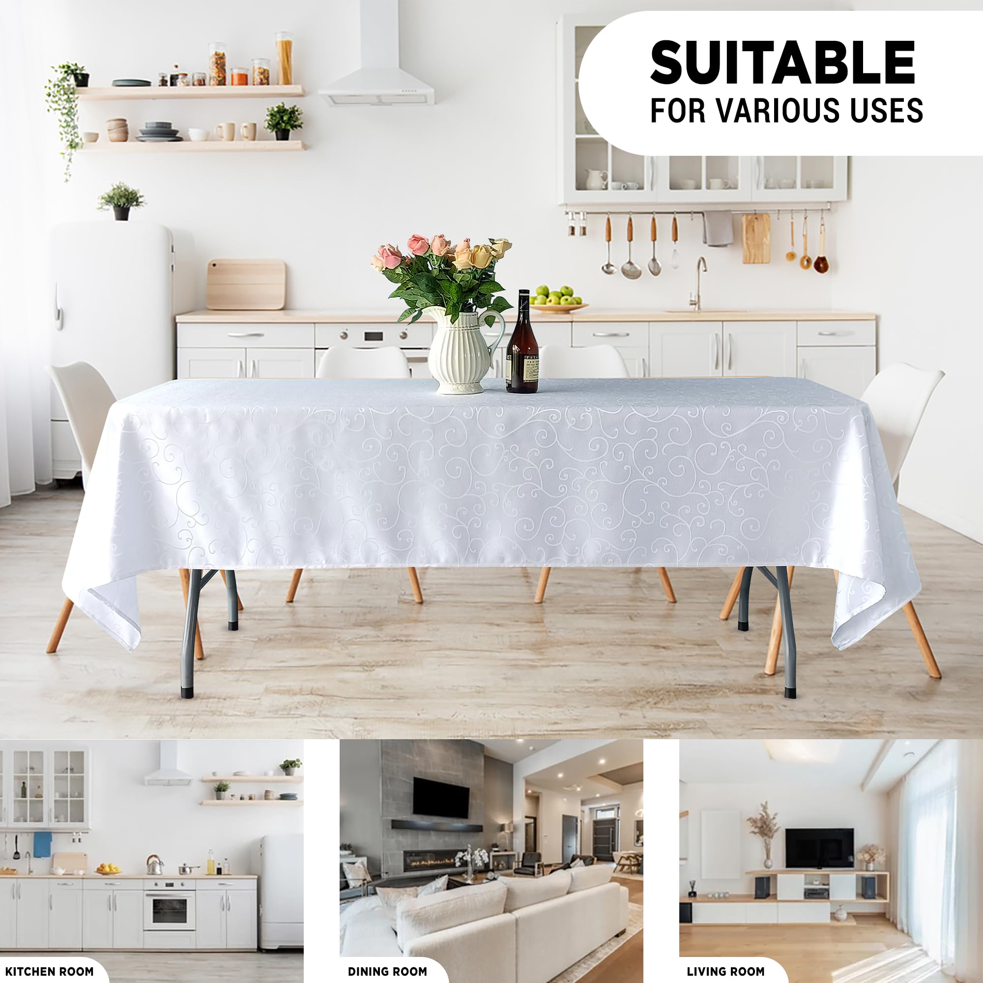 Trimming Shop Tovaglia damascata rettangolare 228,6 x 335,3 cm, motivo a vortice con rami, per banchetti, feste, casa, cucina, ristorante, matrimoni, Natale, 5 pezzi