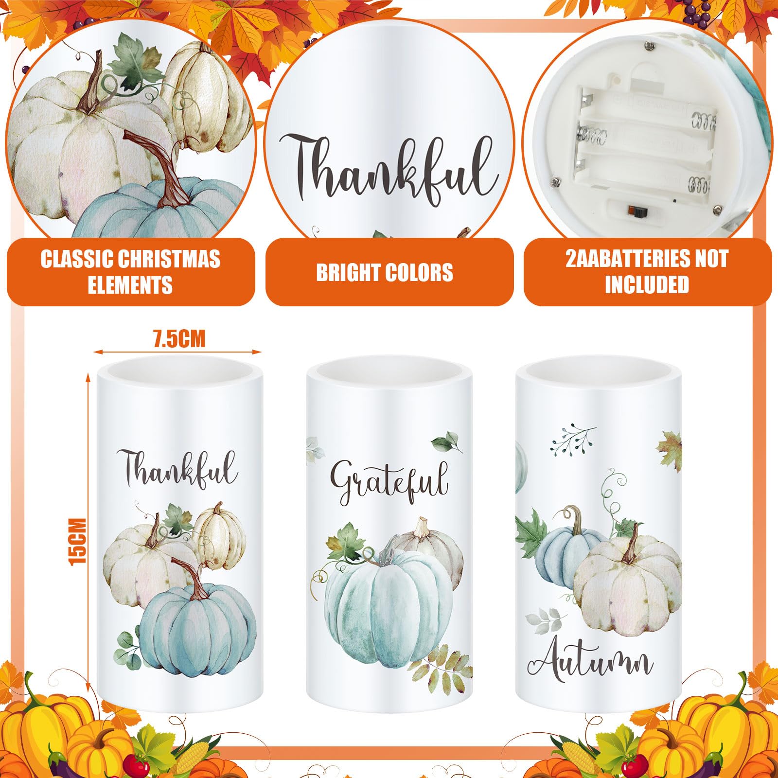 Retisee 3 Pcs Farmhouse Fall Flameless Candles Farmhouse Pumpkin LED Candles Thanksgiving Flameless Candles with Remote for Bedroom Living Room Fall Thanksgiving Day Decor