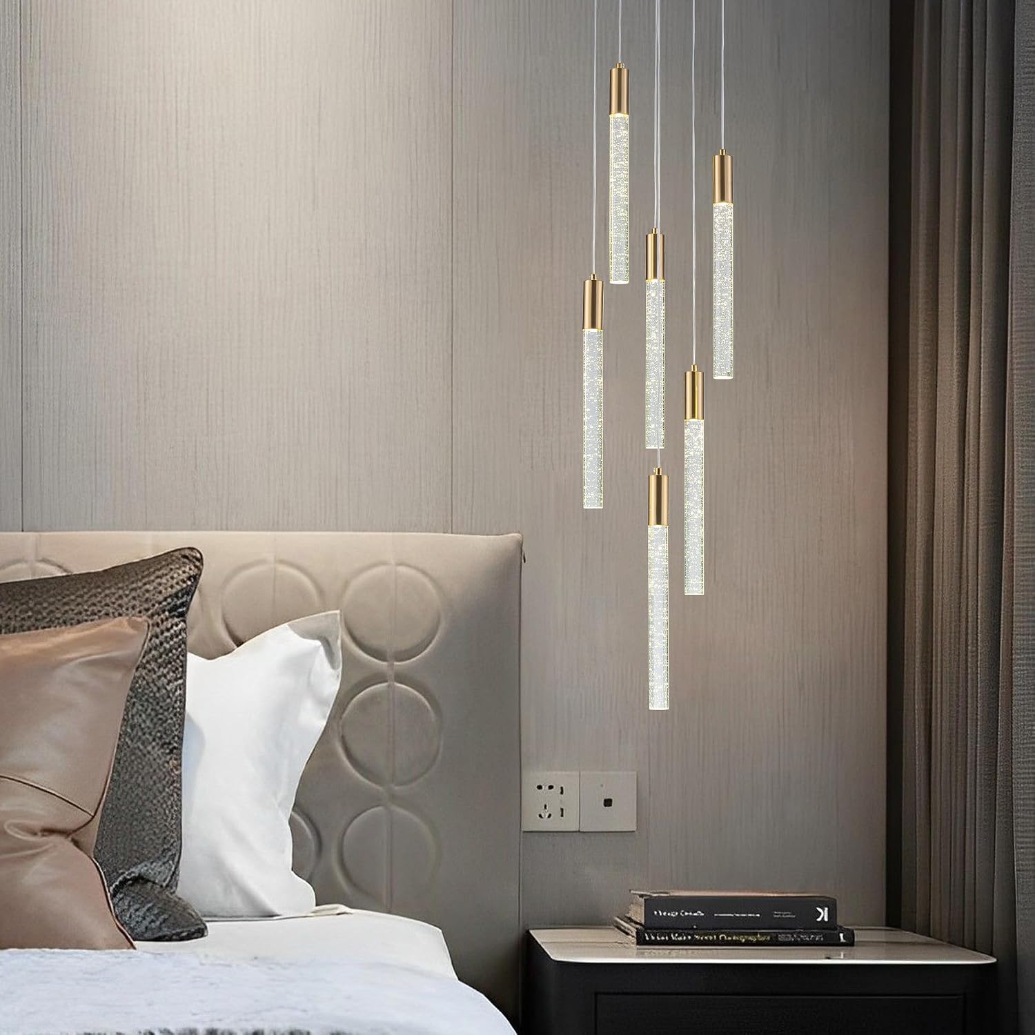 Modern Gold Crystal Chandelier 6-Lights, Cluster Raindrop Column Pendant Lighting, Mini Bubble Hanging Light Fixture Semi Flush Ceiling Lights for Foyer, Dining Room,Staircase, Living Room