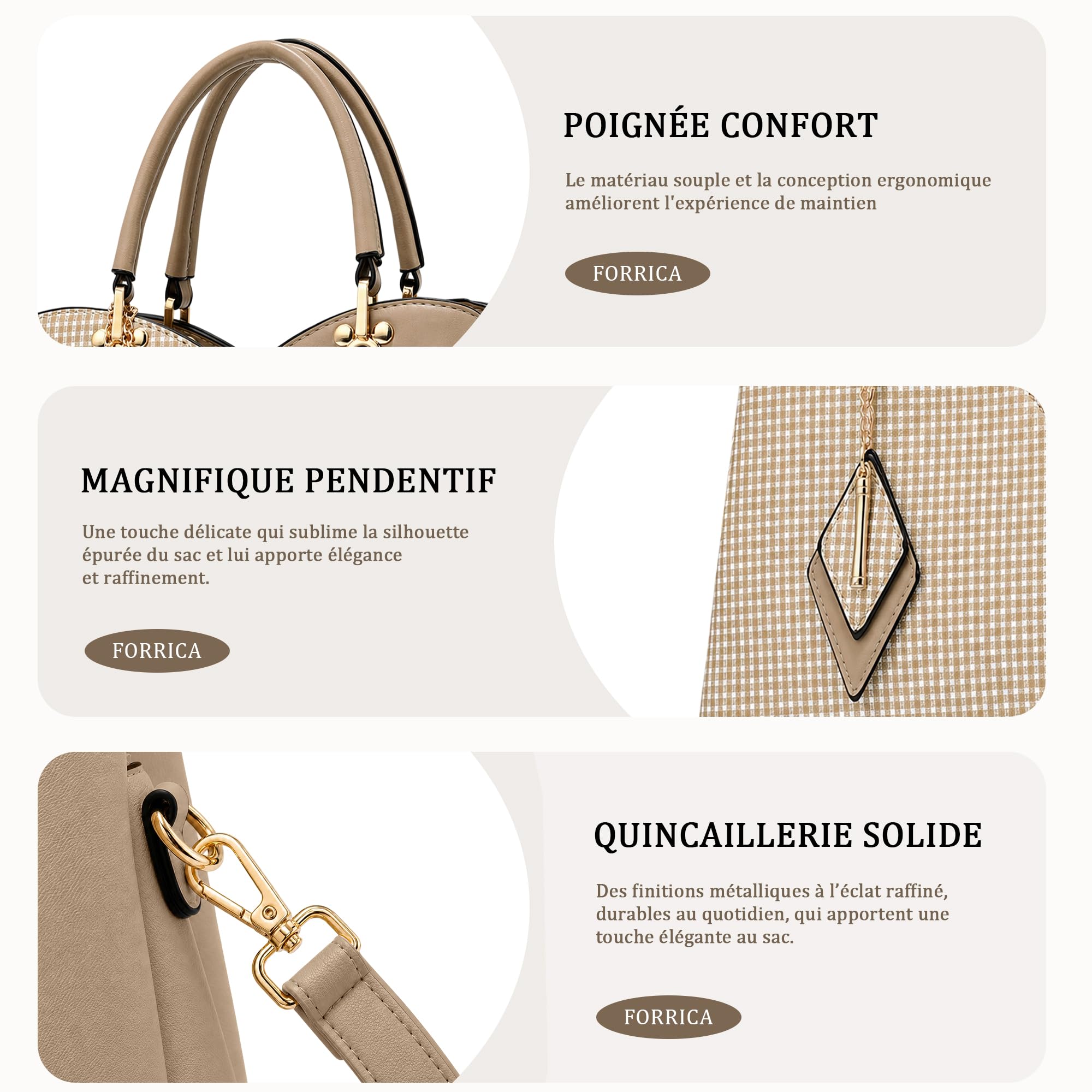 Sac à Main Élégant Carreaux Sacs à Bandoulière Dames Mode Sac portés Main PU Cuir Sac Fourre-Tout avec Pendentif Rhombus Brun