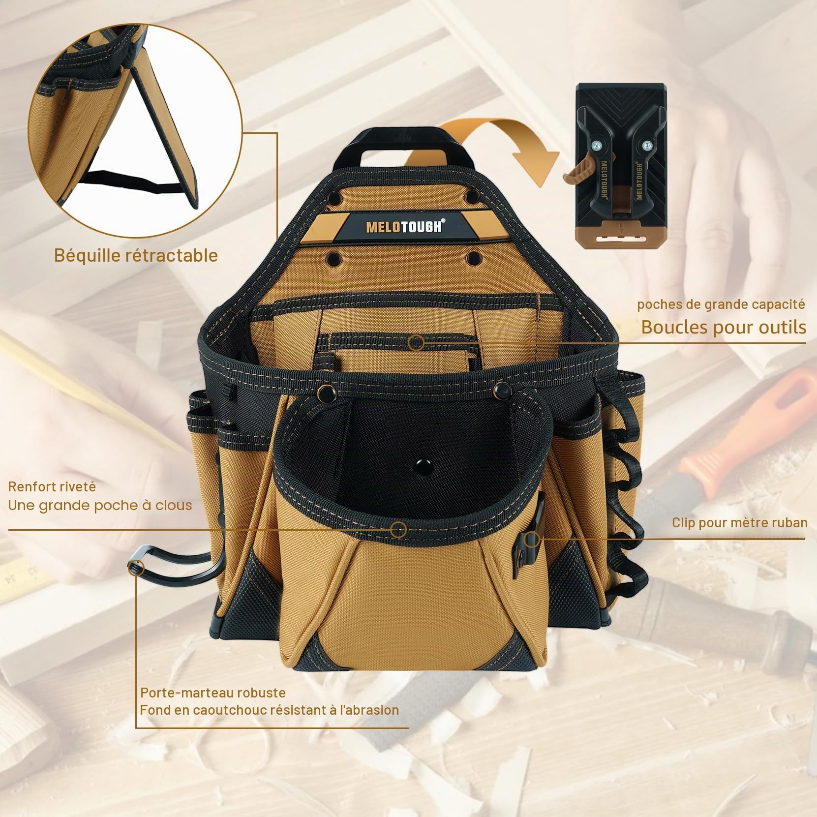 MELOTOUGH Pochettes de ceinture pour outils d'électricien avec clip de ceinture, pochette de rangement pour outils utilitaires, pochette de rangement avec béquille arrière pour marteau