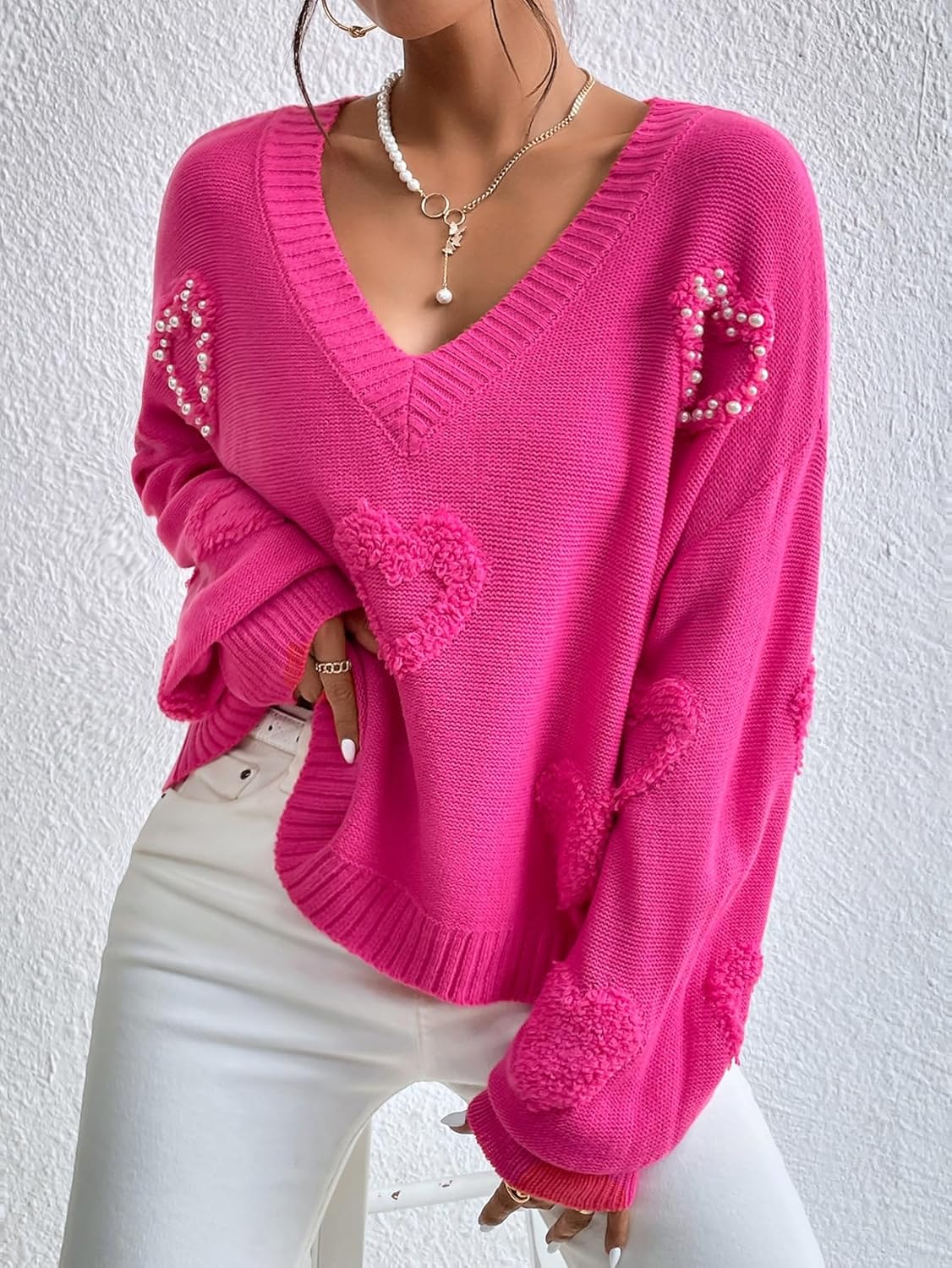 Verdusa Women's Pearls Heart Sweater V Neck Drop Shoulder Long Sleeve Knit Sweaters Tops
