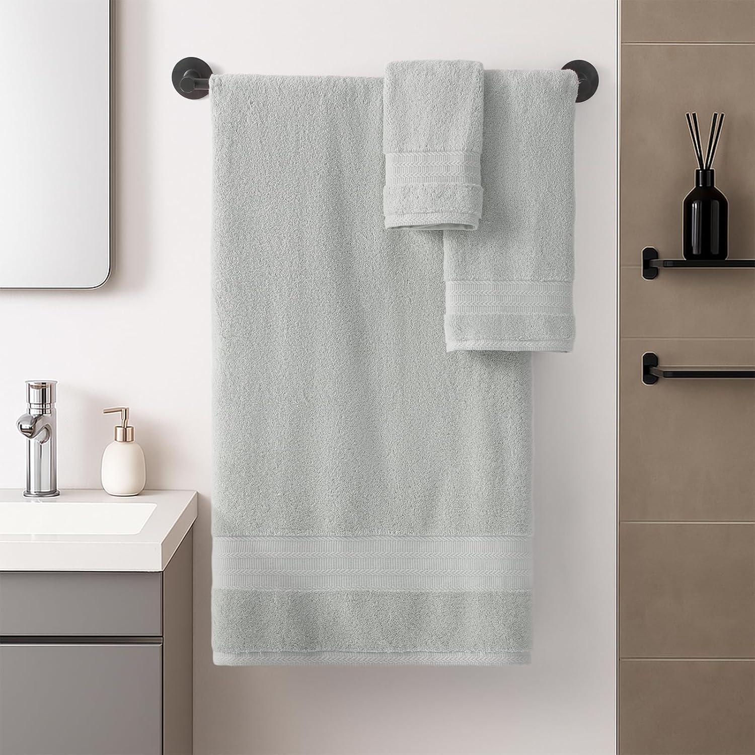 REDKISS 8 Piece Grey Towels Set - 100% Cotton Towels Set with 2 Large Bath Towels, 2 Hand, 4 Washcloths, 600 GSM Highly Absorbent Bath Towel Sets, Gray Quick Dry Shower Towel for Family Gym - Image 2