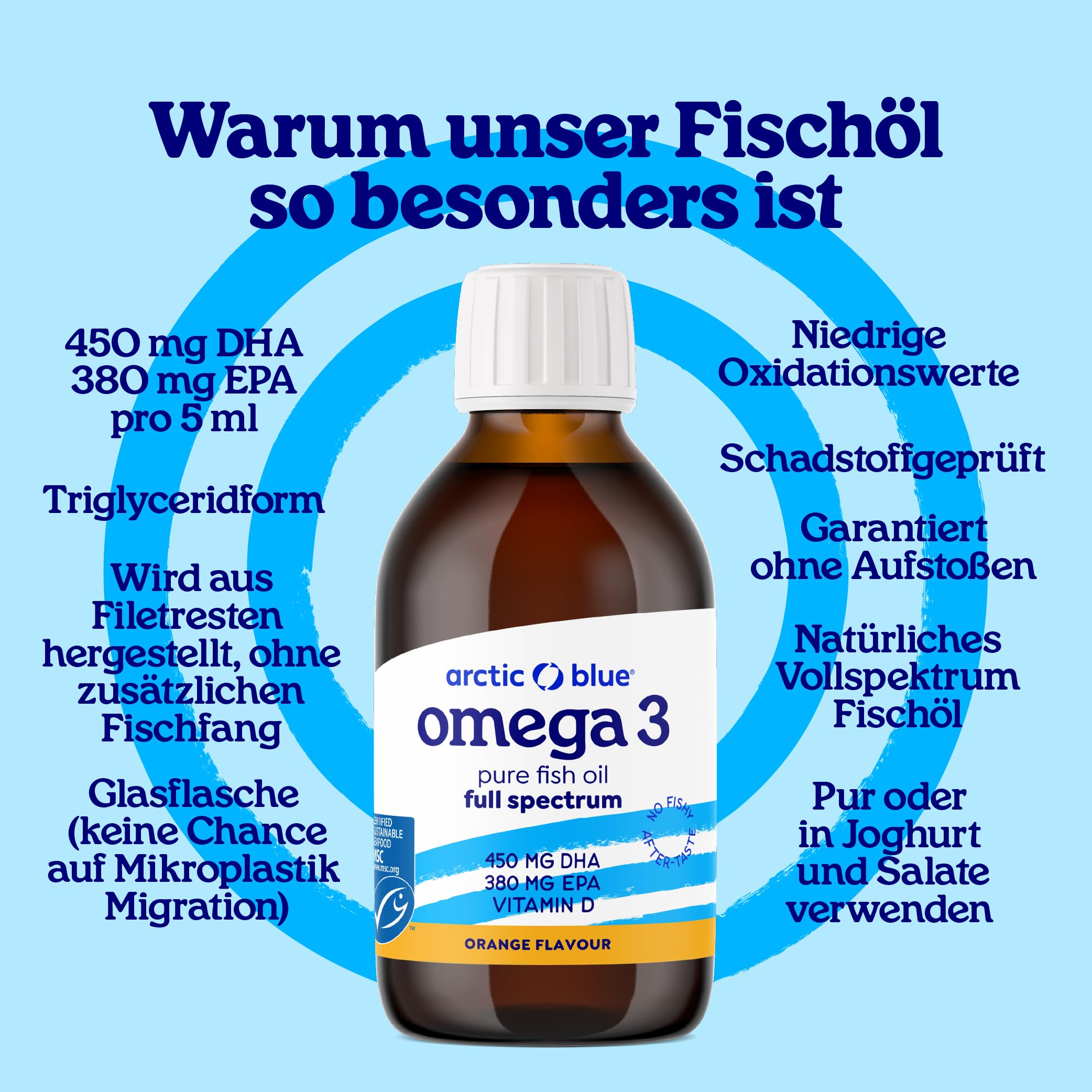 Arctic Blue Omega 3 Fischöl – 250 ml flüssig – MSC-Zertifiziert - hochdosiert mit DHA, EPA und Vitamin D – ohne Aufstoßen oder Fischgeruch – arktisches Fischöl – Orangengeschmack