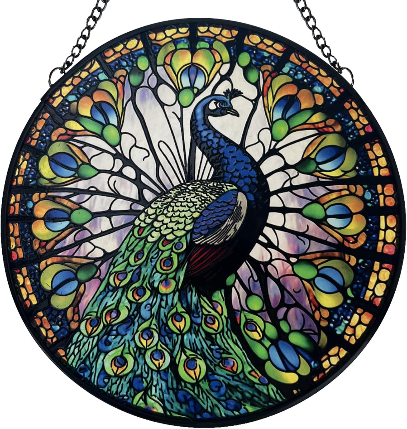 Peacock Decor Stained Glass Suncatcher - Window Wall Hanging Ornament Hand-Painted Glass Panel Sun Catcher - Decoration for Home Garden Christmas Party Wedding Housewarming Gift