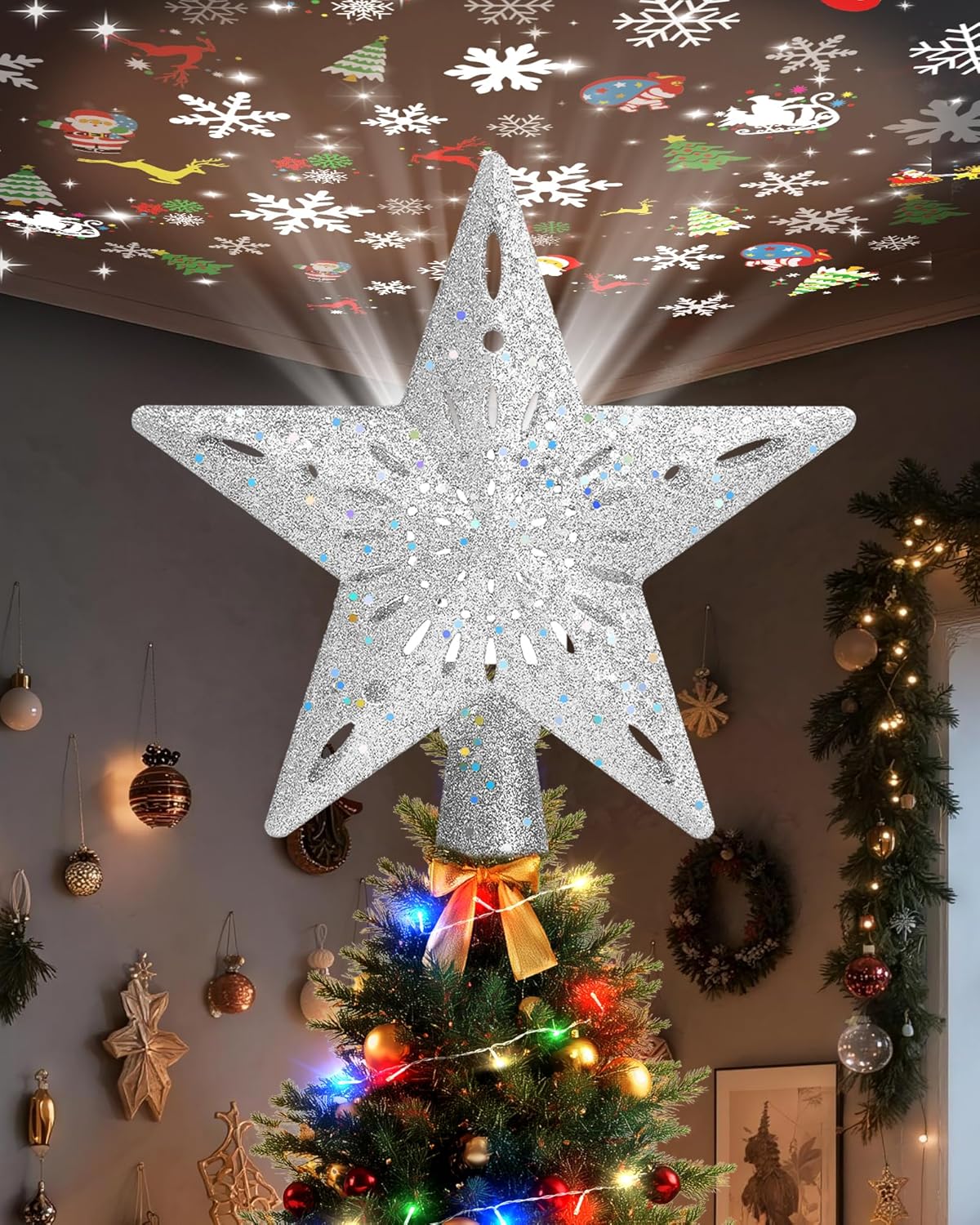 Christmas Tree Topper Star Lighted with 32.8ft Breathing Flickering String Lights & 6 LED Projection Modes, Silver Christmas Star Topper for Indoor Xmas Holiday Tree Decoration