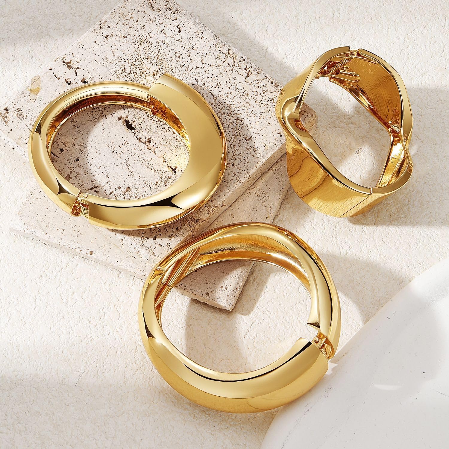 Boho Gold-Tone Cuff Bangle Bracelet Set for Women - Chunky Waterdrop Irregular Wide Stackable Minimalist Jewelry - Image 3