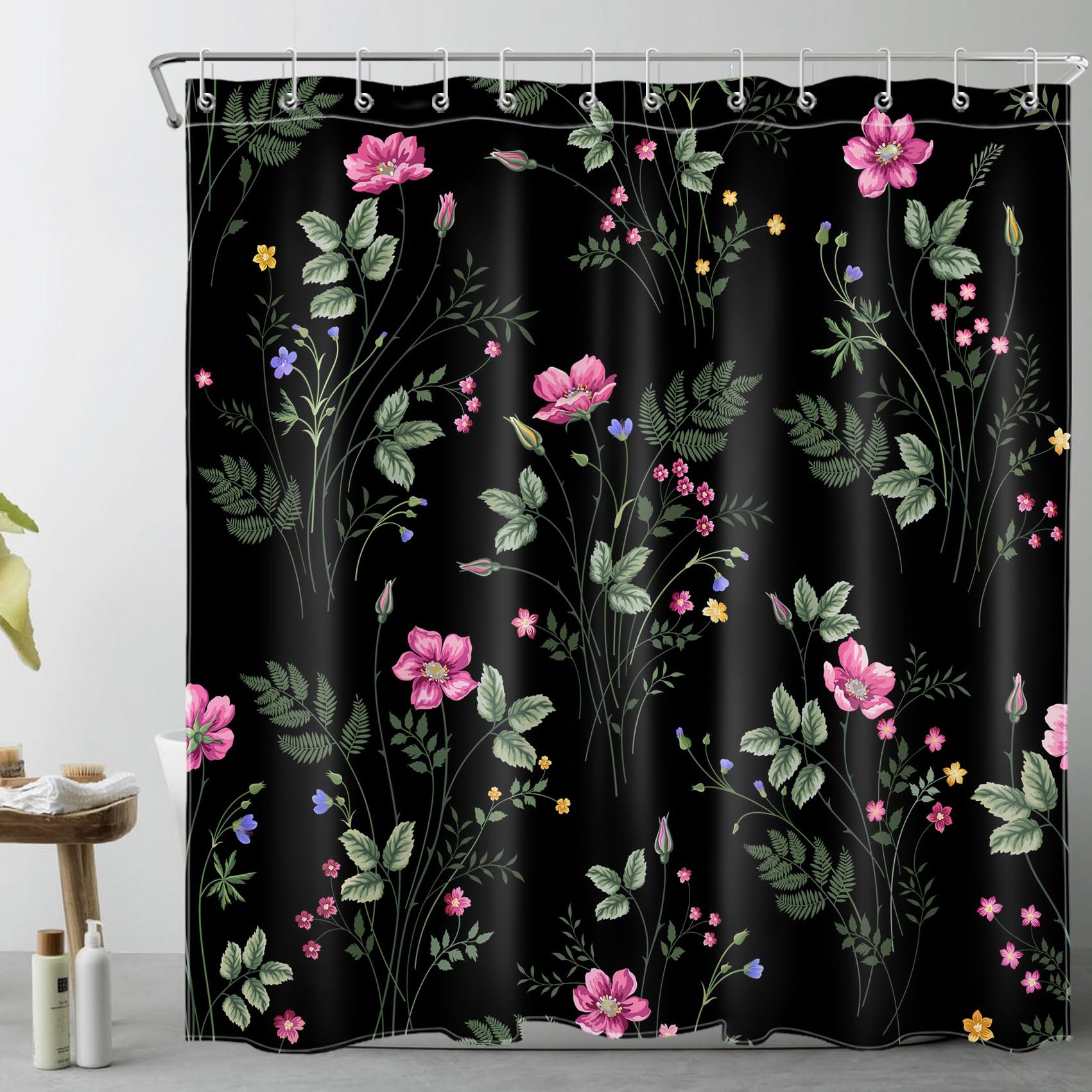 AUEEA Nature Plant Shower Curtain for Bathroom Vintage Pink Floral and Sage Green Leaf on Black Bathroom Shower Curtains with Hooks, Green Botanical