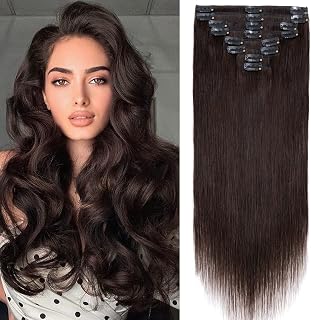 Clip in Hair Extensions Human Hair Full Head 8 Pieces 18 Clips 100% Real Silky Human Hair 22"-110g Dark Brown (#2)