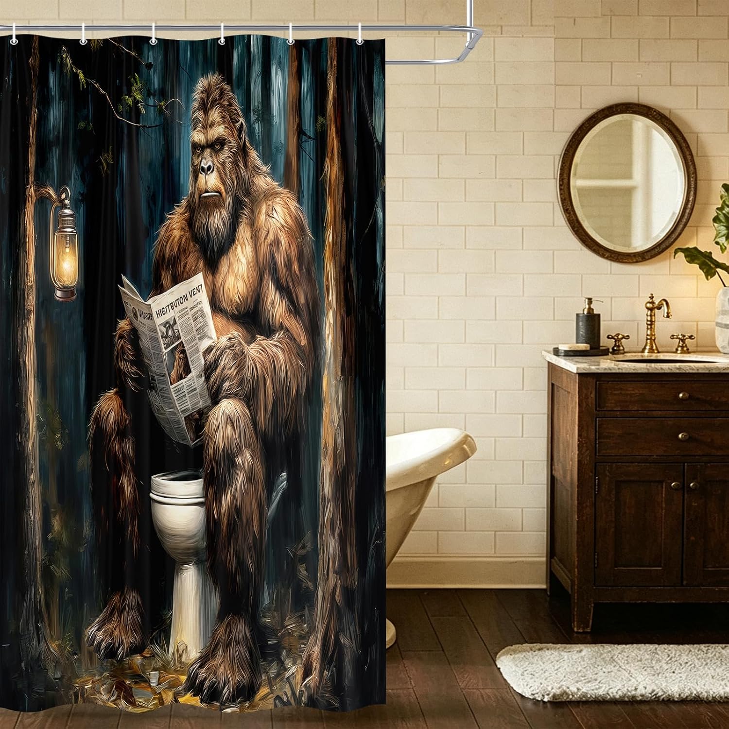 Funny Bigfoot Shower Curtain, Humorous Sasquatch Sitting on Toilet Reading Newspaper Shower Curtains, Rustic Forest Animal Print Bathroom Decor Waterproof Polyester Bath Curtain,36X72 inchs