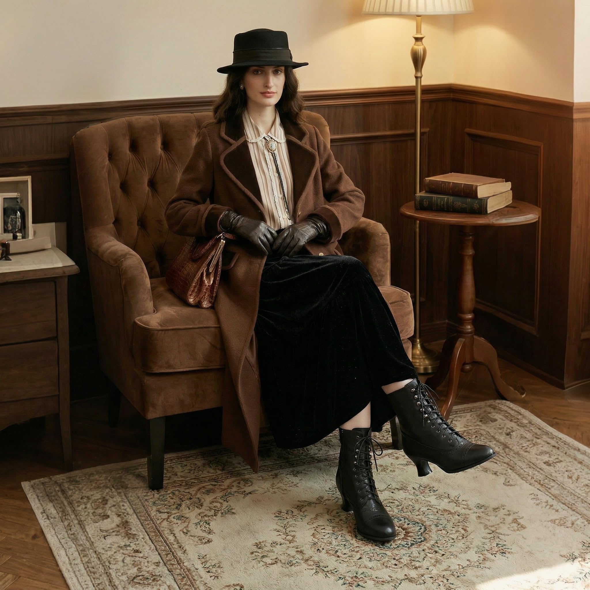 Bottines à lacets pour femme - Talon chaton - Style victorien - Bout pointu - Fermeture éclair latérale
