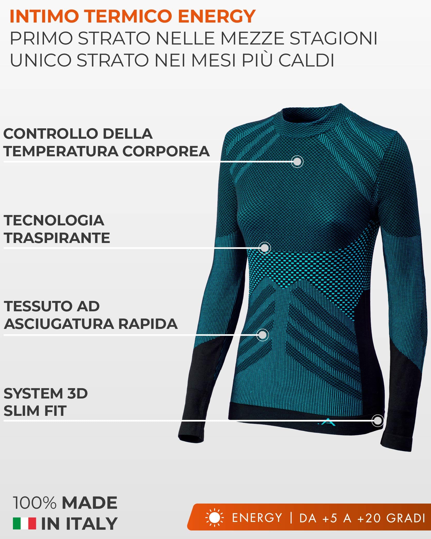 Risalti Maglia Termica Donna Manica Lunga Energy - Lupetto Traspirante a Compressione, Intimo Termico Senza Cuciture ed Etichette per Sci, Trekking, Running, Ciclismo - Made in Italy