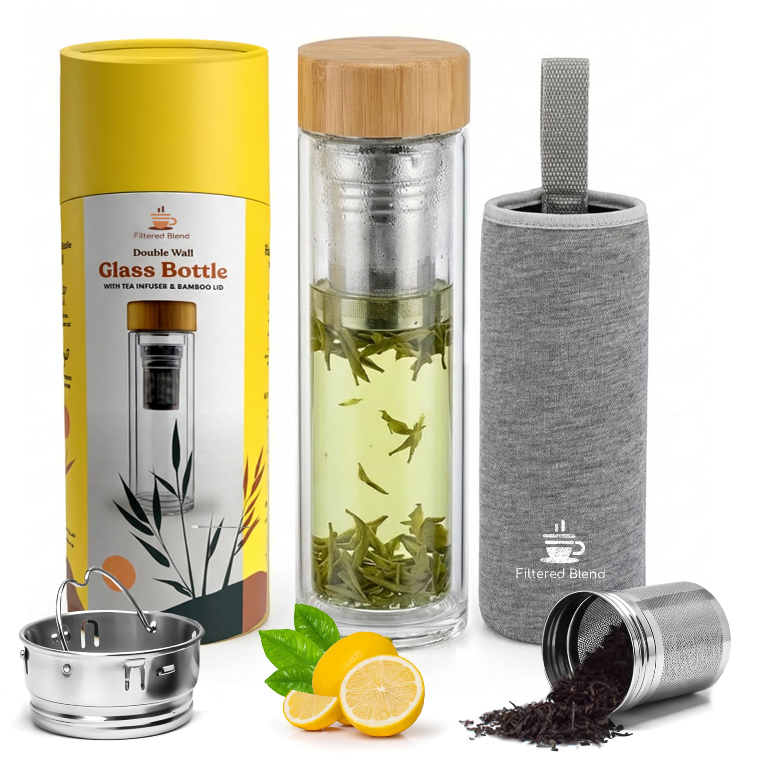 15oz Glass Water Bottle with Bamboo Lid and Tea Infuser