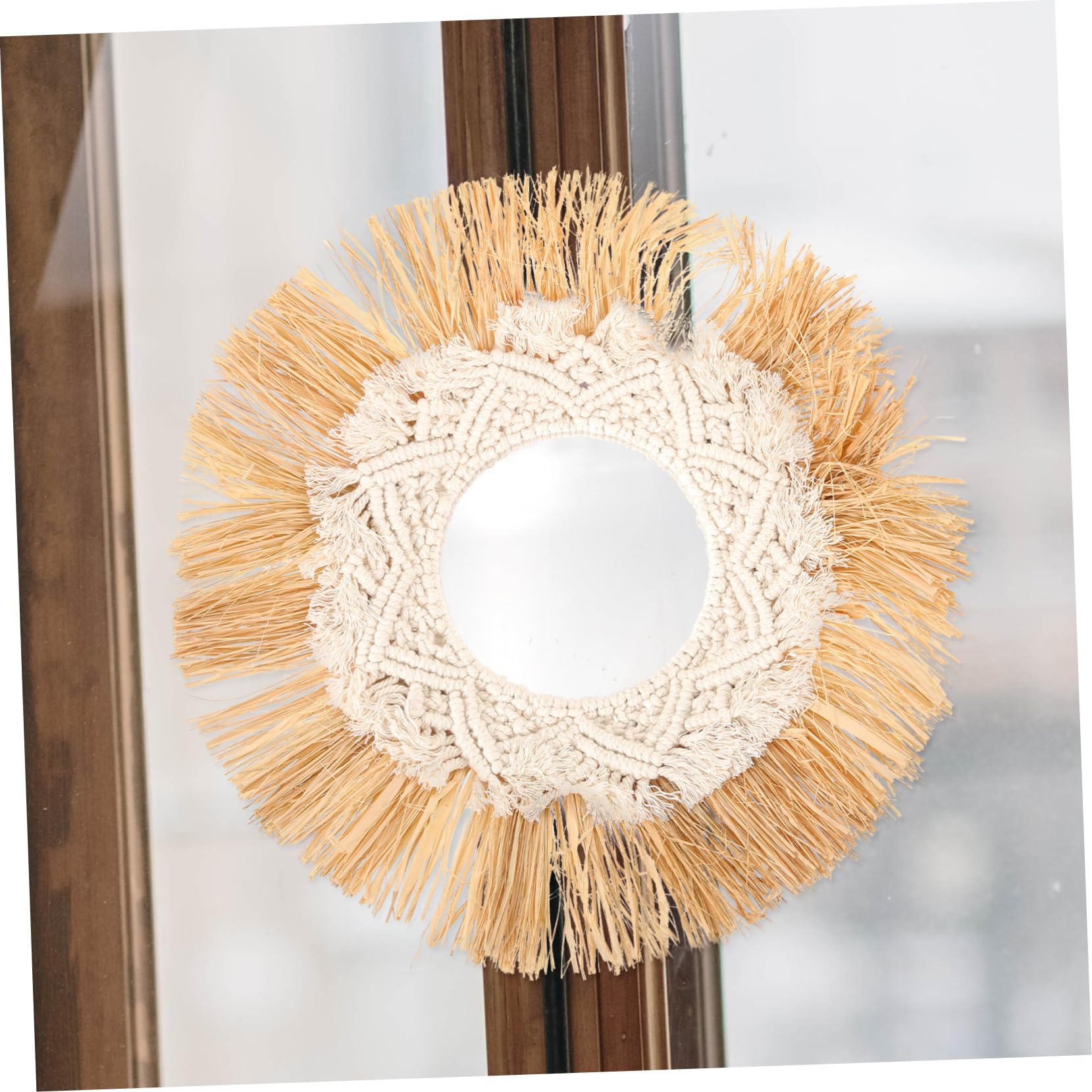 OUNONA Runder Hängespiegel im Boho Stil mit Raffia und Baumwollseil