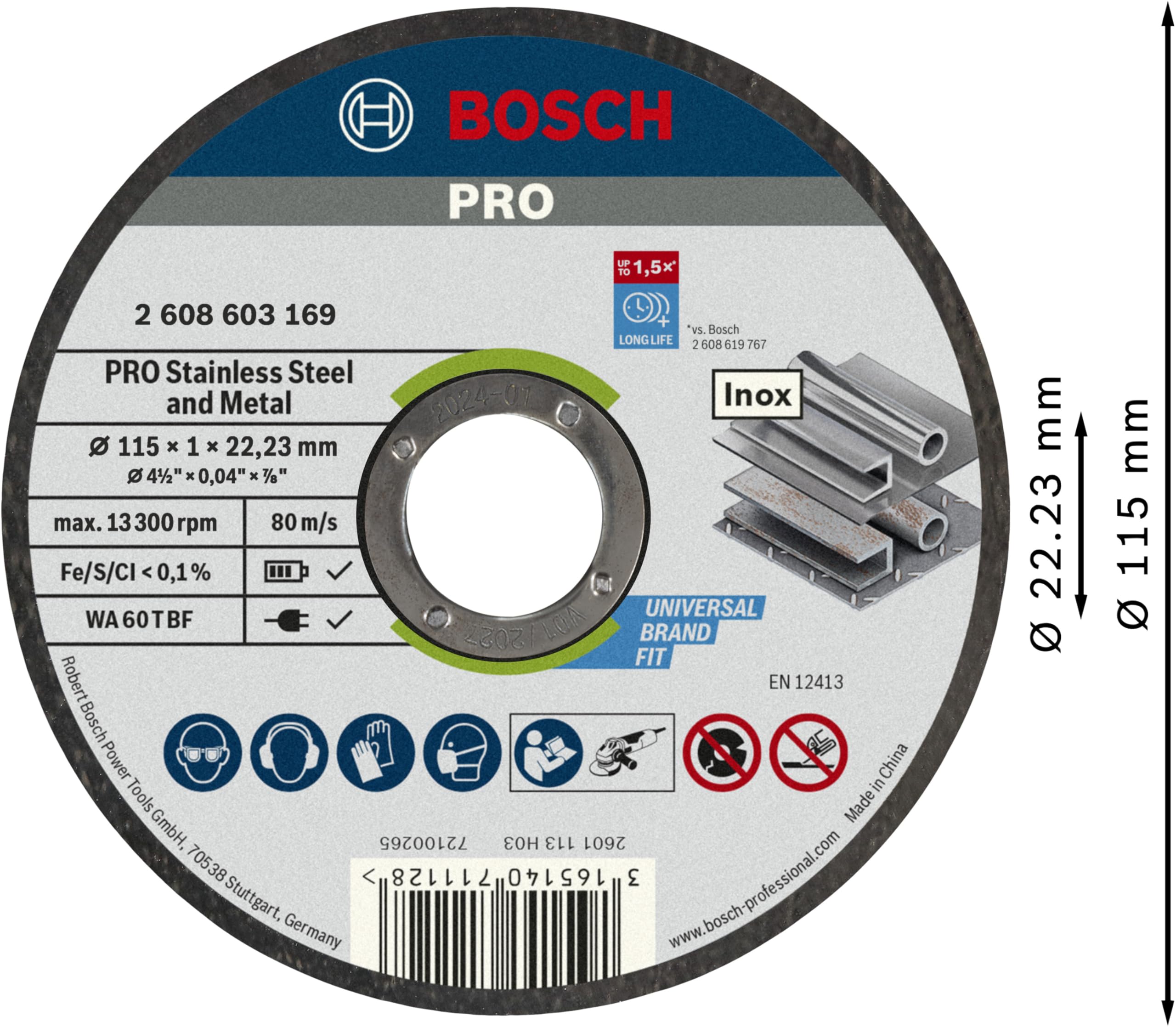 Bosch 100x Disco de corte abrasivo PRO Stainless Steel and Metal de larga vida útil, diámetro interior de 22,23 mm (para Acero, Acero inoxidable, Ø 115 mm, Professional Accesorios Amoladora pequeña)