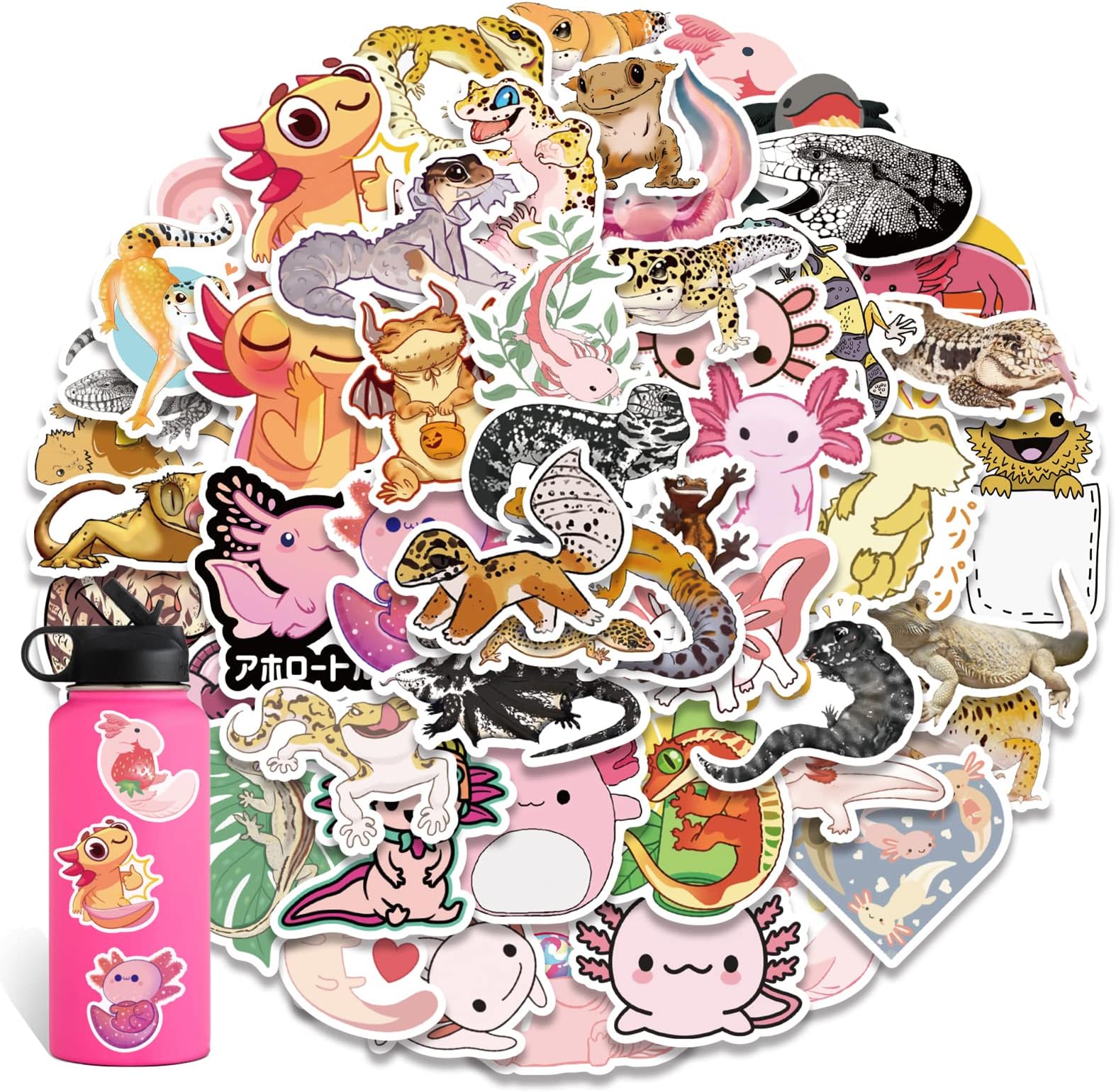 52Pcs Cute Reptiles Vinyl Stickers Decals Lovely Axolotl Gecko Stickers Party Supplies Aesthetic Stickers Decals for Laptop Water Bottles Bike Skateboard Luggage Computer Hydro Flask Toy Phone Snowboard. DIY Decoration as Gifts for Kids Girls Teens