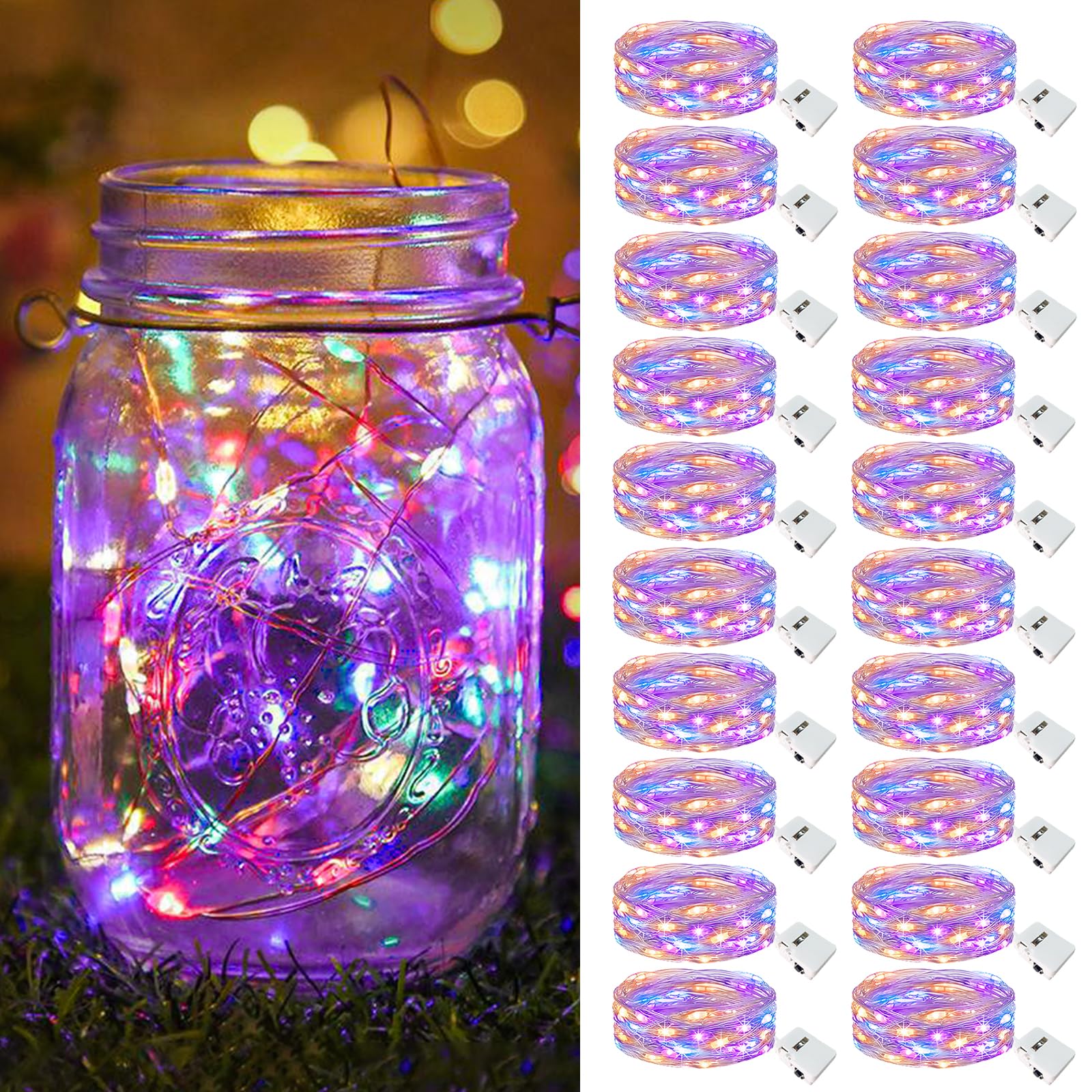 btfarm 20 Pack Fairy Lights Battery Operated [3 Modes], 7ft 20 Led Twinkle Lights String Lights Waterproof Bulk Small Mini Silver Wire for Mason Jars Vases Wedding Table Centerpiece, Colorful