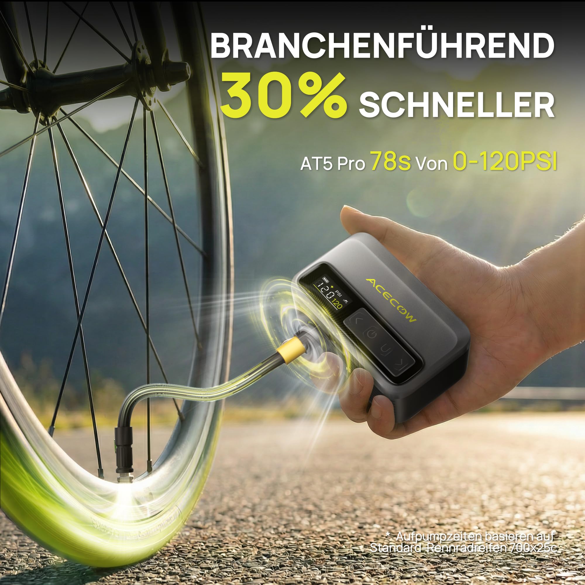AT5Pro Mini Elektrische Fahrradpumpe, 120 PSI Akku Fahrradpumpe mit Presta und Schrader-Ventil, Auto-Stopp, Überhitzungsschutz für Rennrad, Mountainbike und E-Bike