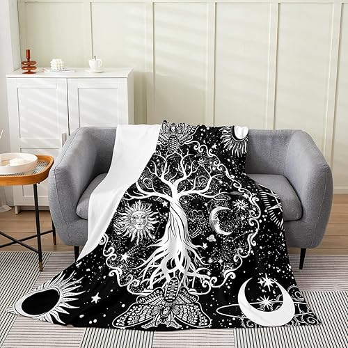 Erosebridal Manta de sol y luna de 40 x 50 pulgadas para todas las estaciones, manta de árbol de la vida, manta de forro polar gótico de polilla de