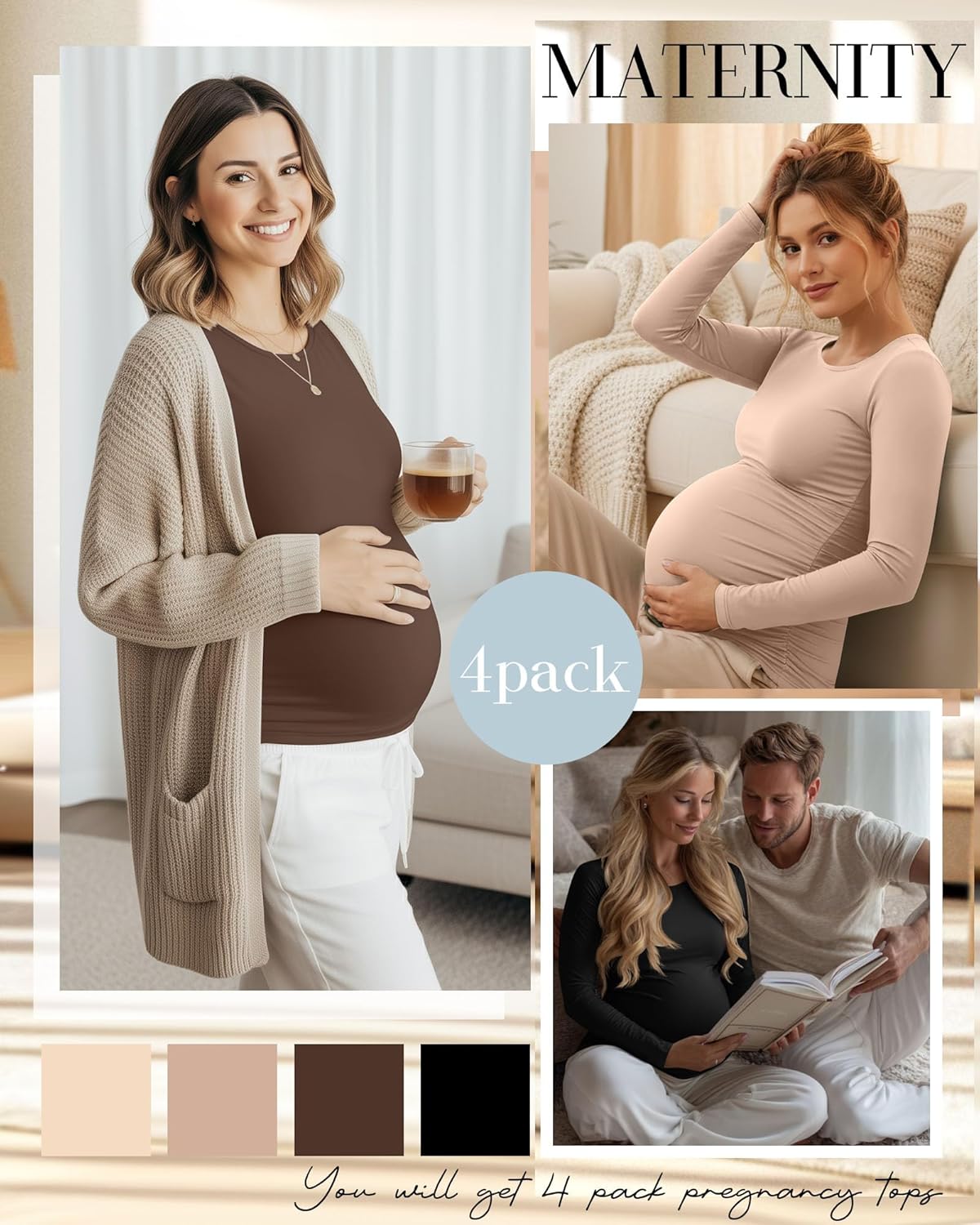 Huukeay 4 Pack Women's Maternity T Shirts, Long Sleeve Side Ruched Pregnancy Top Crew Neck Bodycon Shirts Casual Mama Clothes - Image 3