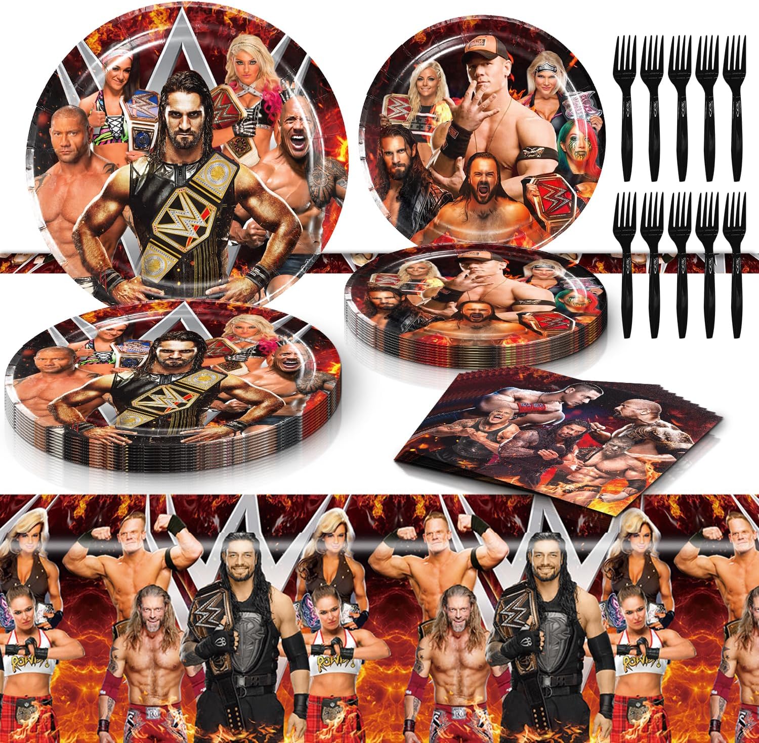 PINUO Wrestling Birthday Party Tableware Set, Include Wrestling Theme Party Tablecloth, Dessert Plates, Napkins, Forks, for Wrestling Boxing Birthday Party Decorations