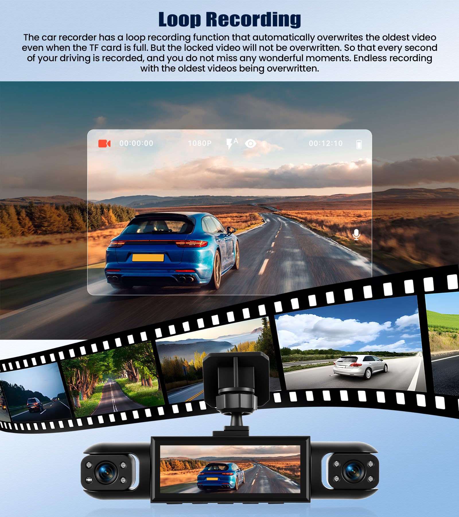SIXTOP Cámara Salpicadero 3,16" 1080P 360° con 3 Cámaras – Visión Nocturna, Detección Movimiento, Grabación Bucle, Gran Angular, Aparcamiento y Marcha Atrás – Universal para Todo vehículo