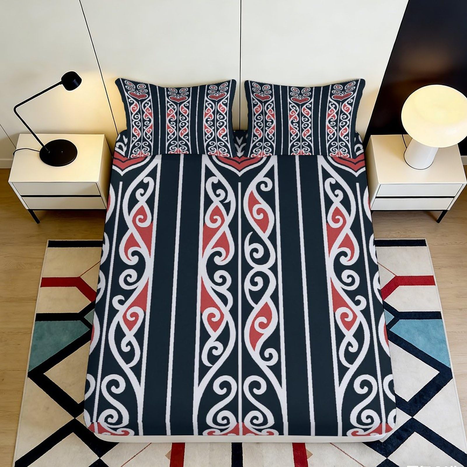 3D Printed Tribal Pattern Fitted Sheet Microfiber Soft Durable Geometric Bed Cover for Bedroom Dormitory Guest Room Mattress Protection 180x200x25cm