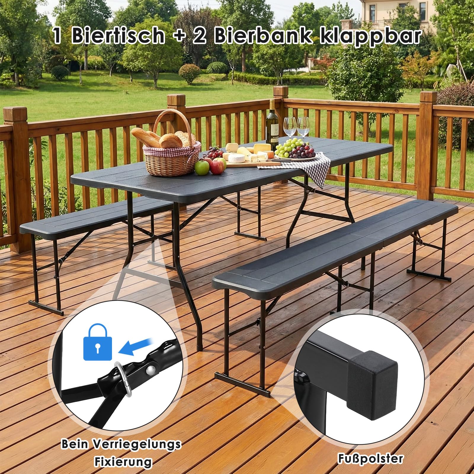 Set Tenda da Birra 3 Pezzi 180cm, Tavolo e 2 Panche Pieghevoli, Mobili da Giardino in Plastica HDPE