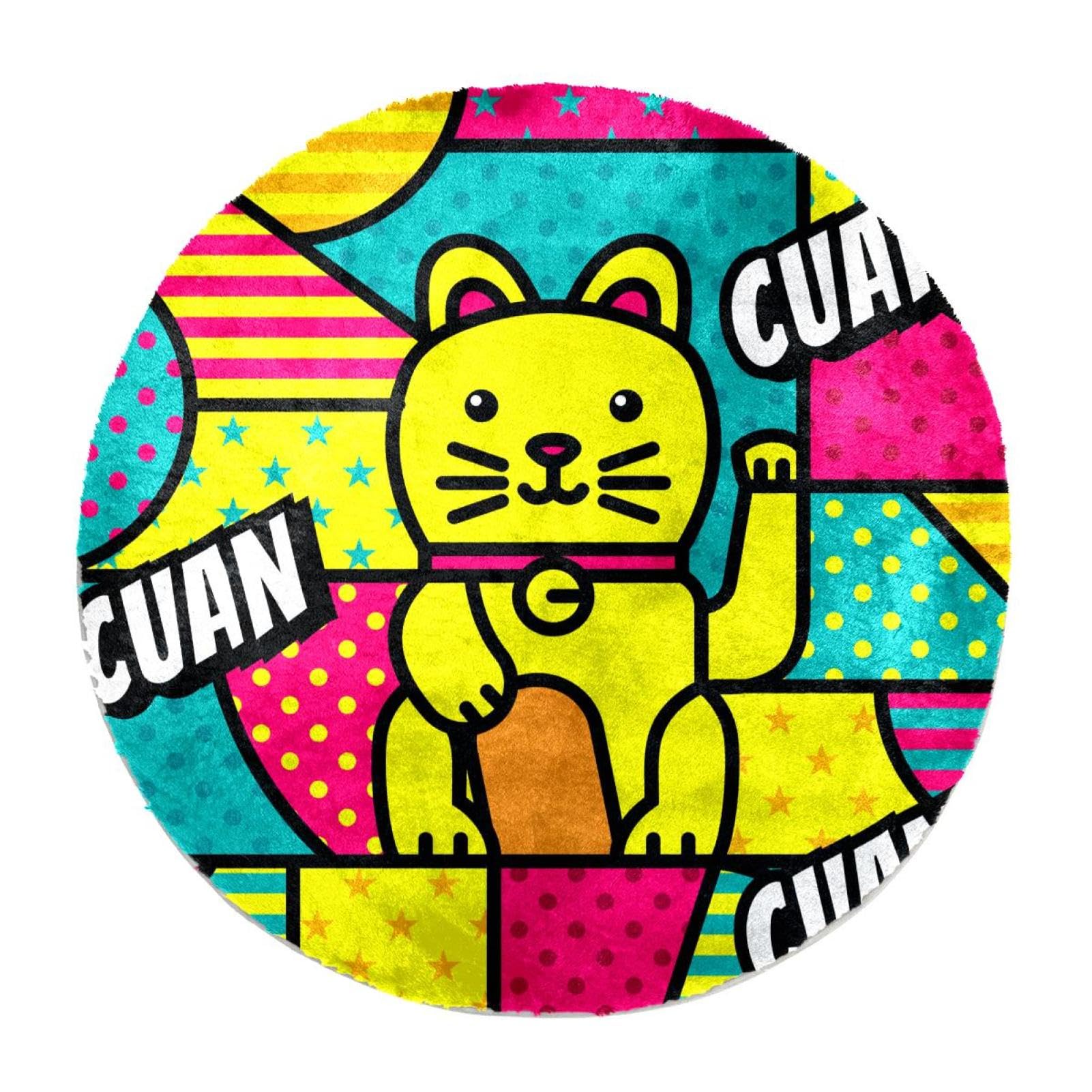 Tapis à poils longs doux et moelleux pour salon, chambre à coucher, chambre d'enfant - Motif chat de la Chine - 80 cm