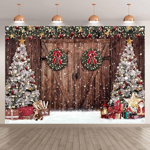 Miniatura 2 de Telón de fondo rústico de 7 x 5 pies para fotografía de granero de invierno, Navidad, árbol de Navidad, regalos de nieve, fondo de Papá Noel,