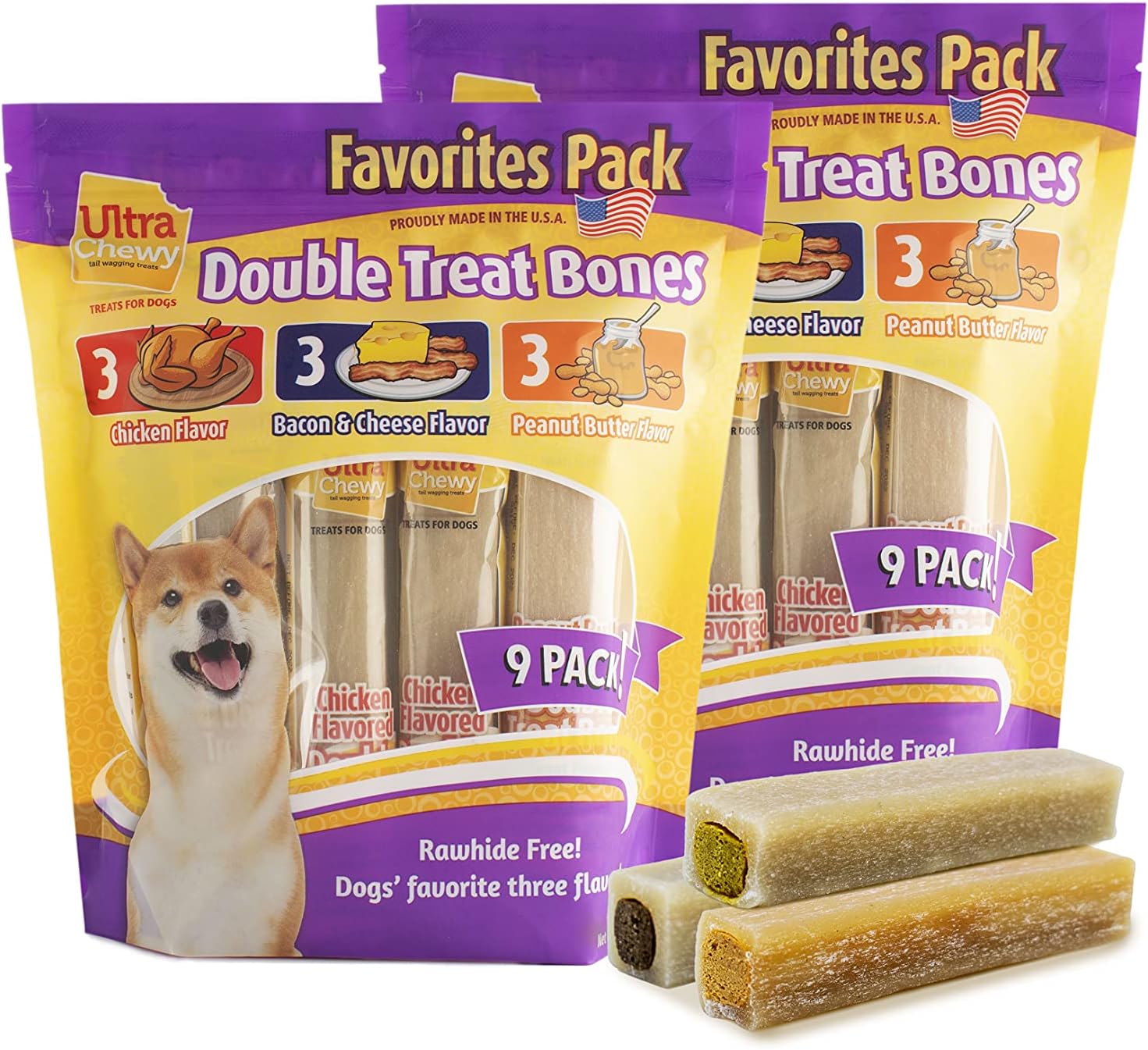 Ultra Chewy Favorites Double Treat Bones, Assorted Flavors, 2 Packs