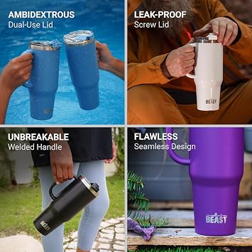 Beast Tumbler with Handle - 1300 ml (42 oz), Army Green | Reusable Stainless Steel, Vacuum Insulated Cup | with + 2 Straws & Cleaning Brush | Double Wall Travel Flask Perfect for Hot or Iced Coffee
