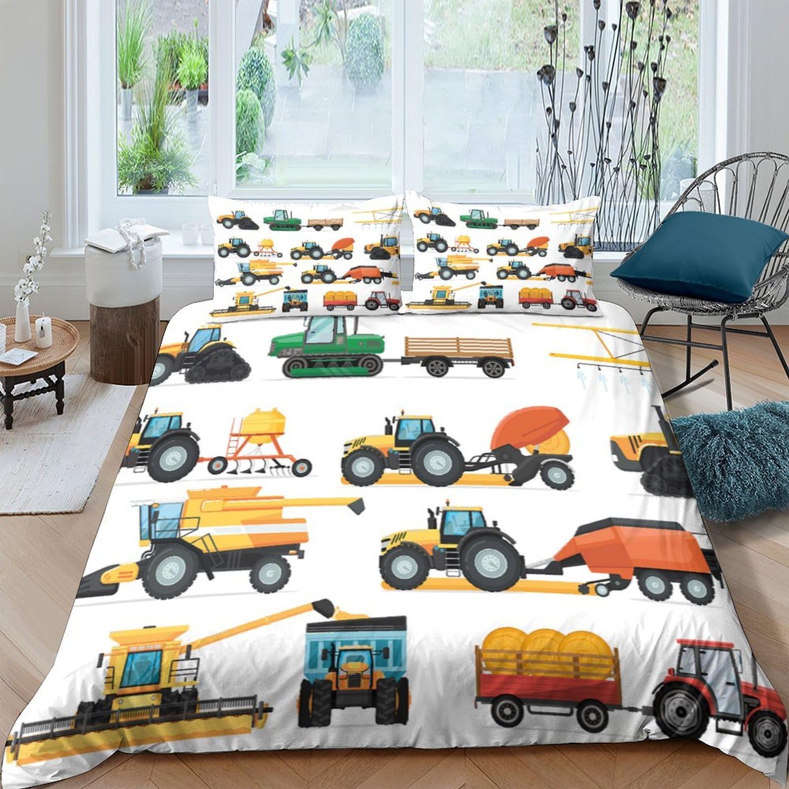 GPLZQXKJNH 3D Printed Construction Vehicles Duvet Cover Microfiber Soft Breathable Trucks Bedding Set with 2 Pillowcases for Bedroom Decor Single（135x200cm）