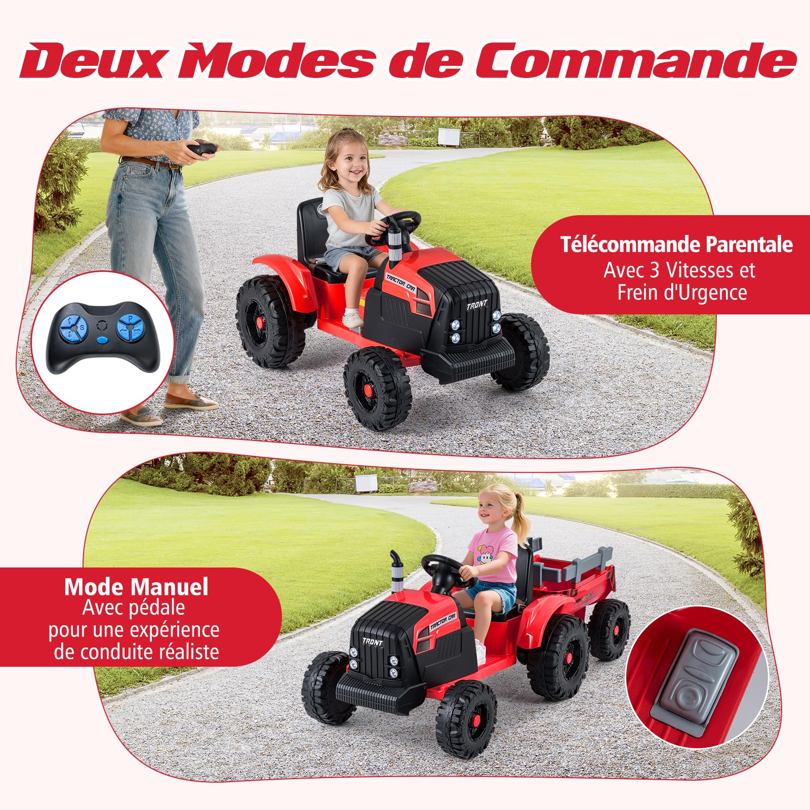 COSTWAY 24V Tracteur Électrique Enfant avec Remorque Amovible & Télécommande, Voiture Électrique Enfants avec Musique & Klaxon & Phares LED, Démarrage en Douceur, 3,2-6 km/h pour 3-8 Ans (Rouge)
