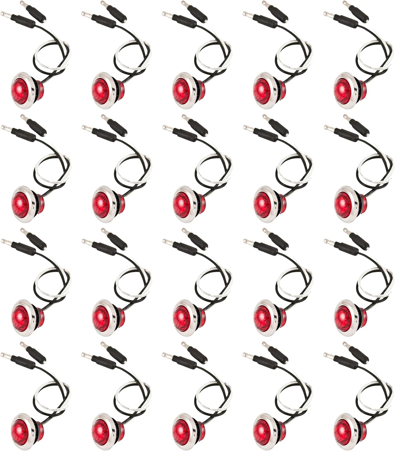 20x Red - 3/4" (.75") Mini Round Clearance 3 LED Chrome Ring Front Rear Indicator Bullet Side Marker Light 304 Stainless Steel Base Truck RV Car Bus Trailer Pickup Van Caravan Boat Sealed Waterproof