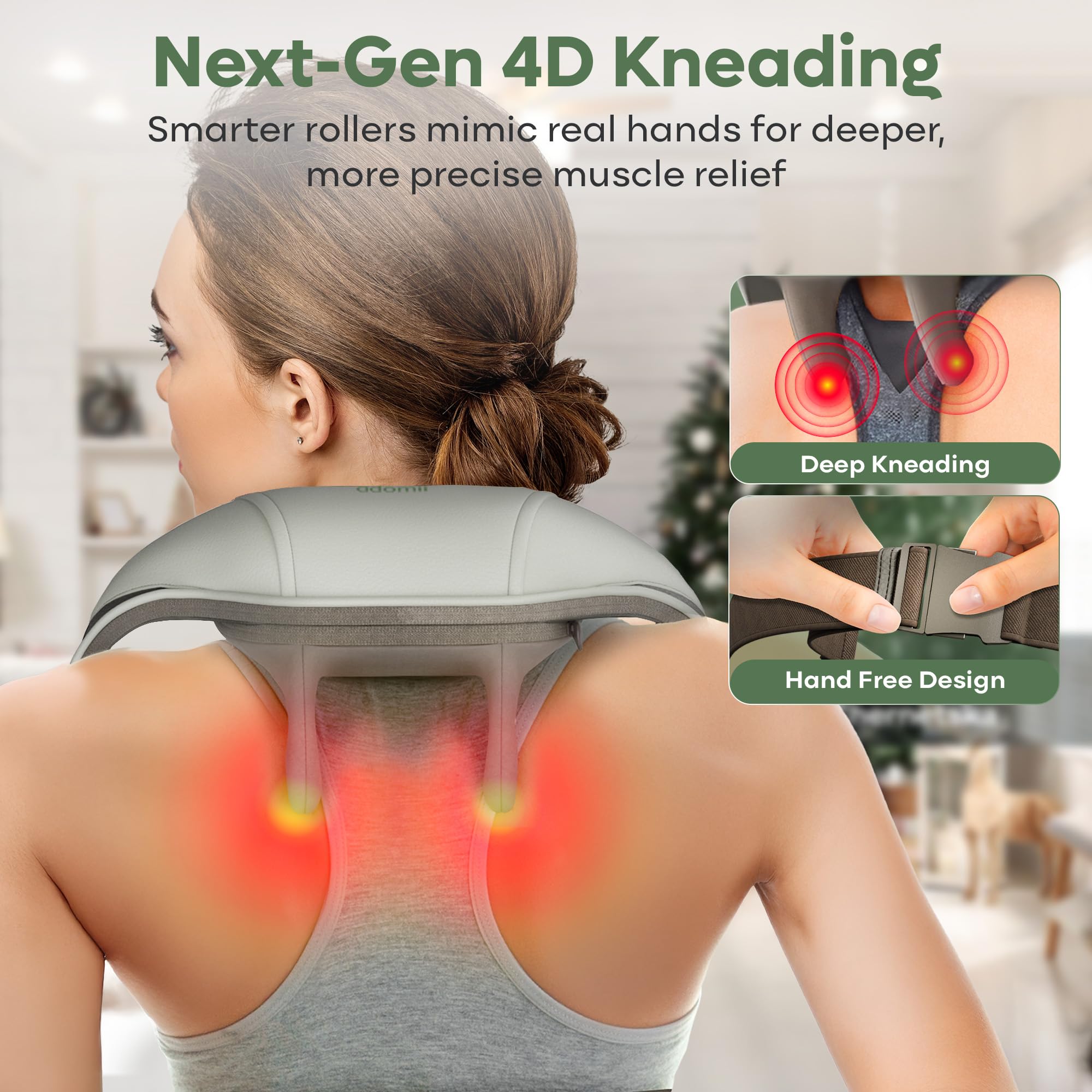 Adomii - Masajeador portátil inalámbrico de cuello y hombros con masaje Shiatsu profundo 4D, control de calor, ideal para aliviar el dolor muscular y relajación, ajuste personalizado,