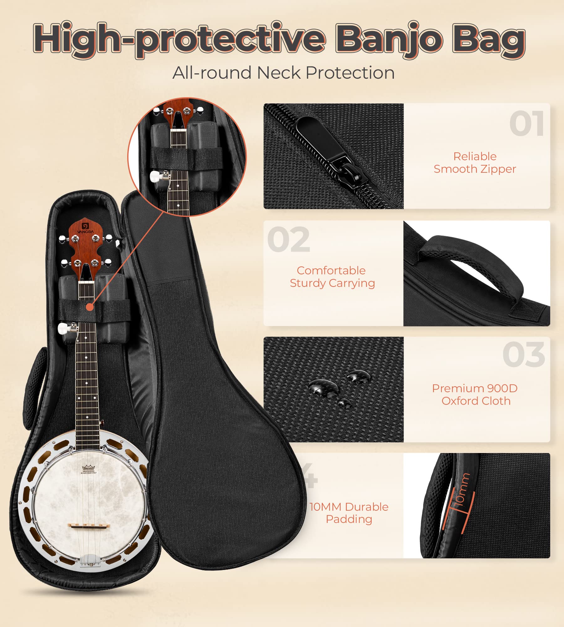 Vangoa Banjo 5 Saiten, Reise Portable Mini Banjo mit Tonring, Remo Kopf, mit Anfänger Kit, mit Anfänger Kit, Stimmgerät, Strap, Pick-up, Saiten, Picks und Tasche