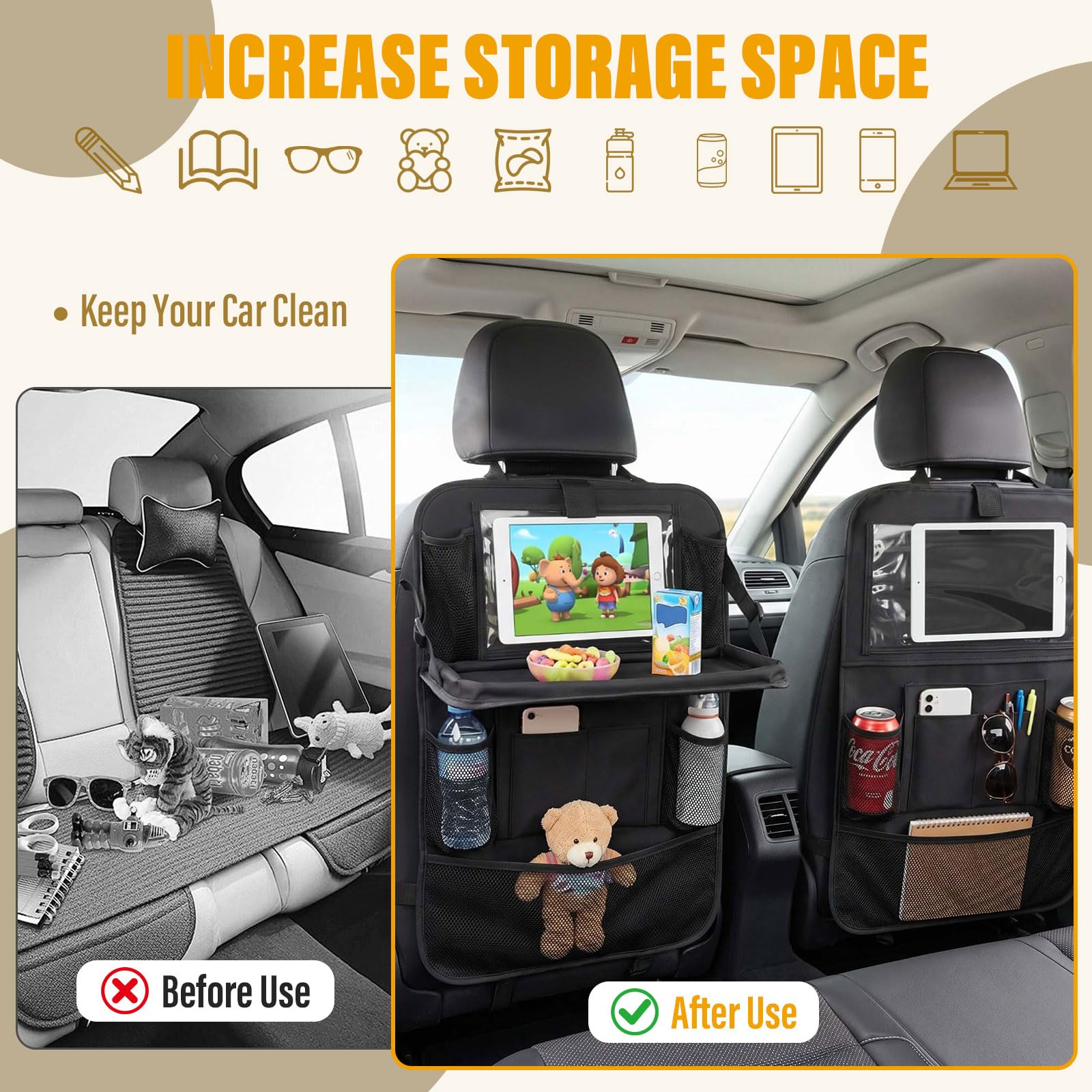 Organisateur Voiture Enfant, Lot de 2 Organisateurs de Siège de Voiture | Protection Siege Voiture Enfant Étanche Avec Table Pliante, Rangement pour Tablette/Téléphone et 9 Poches, 42 x 61 cm
