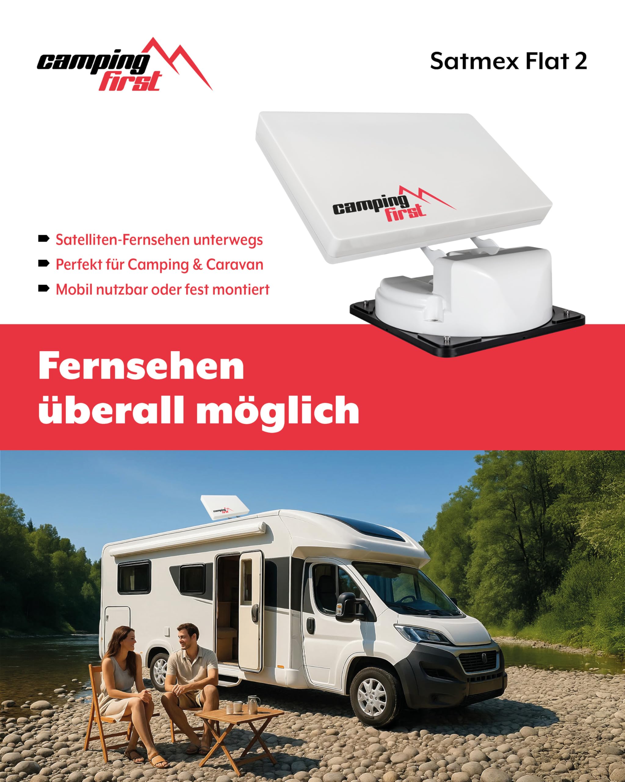 Satmex Flat 2 – Vollautomatische Camping-Antenne (Satelliten-Antenne, für 2 TVs/Receiver, für Caravan und Wohnmobil, Skew-Funktion) – Weiß