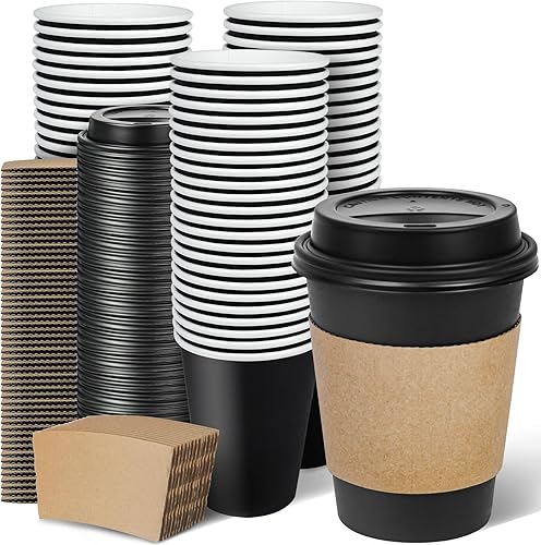 Ginkgo 100 Pack 12 oz Disposable Coffee Cups with Lids and Sleeves, To Go Leak-Proof Black Paper Cups for Picnics, Parties, Travel, Offices and Coffee Bar Supplies