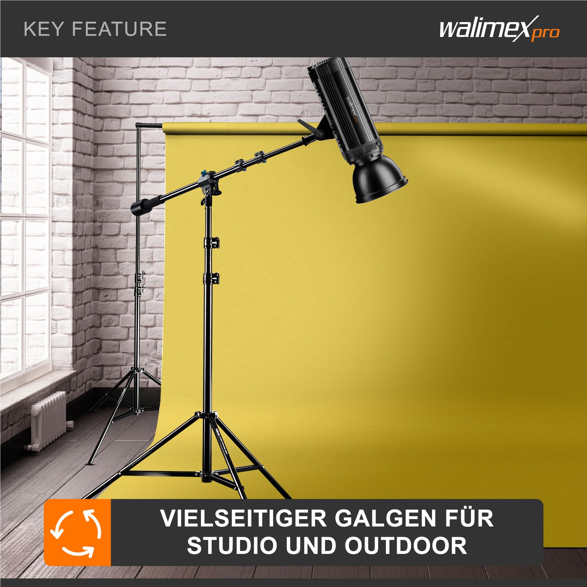 Walimex pro Galgen für Lampenstativ ausziehbar 70 bis 183 cm, Boom Arm neiggbar und bis 5 kg belastbar, 5/8 Zoll Spigot, Auslegearm ideal für Softboxen, Reflektoren, Schirme oder Mikrofone
