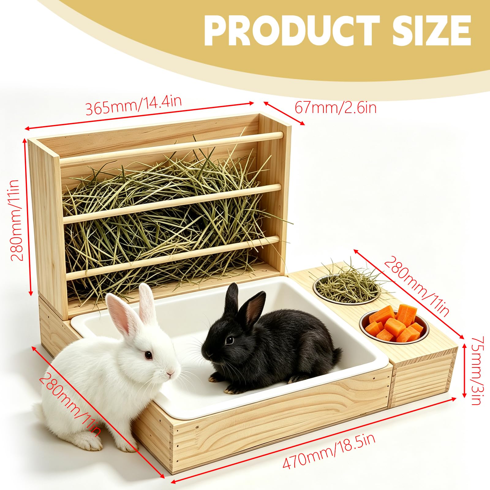 Râteau à foin 3 en 1 pour lapin avec litière et gamelles de nourriture, distributeur de nourriture en bois, mangeoire pour petits animaux avec distributeur de foin pour cochons d'Inde, hamsters et