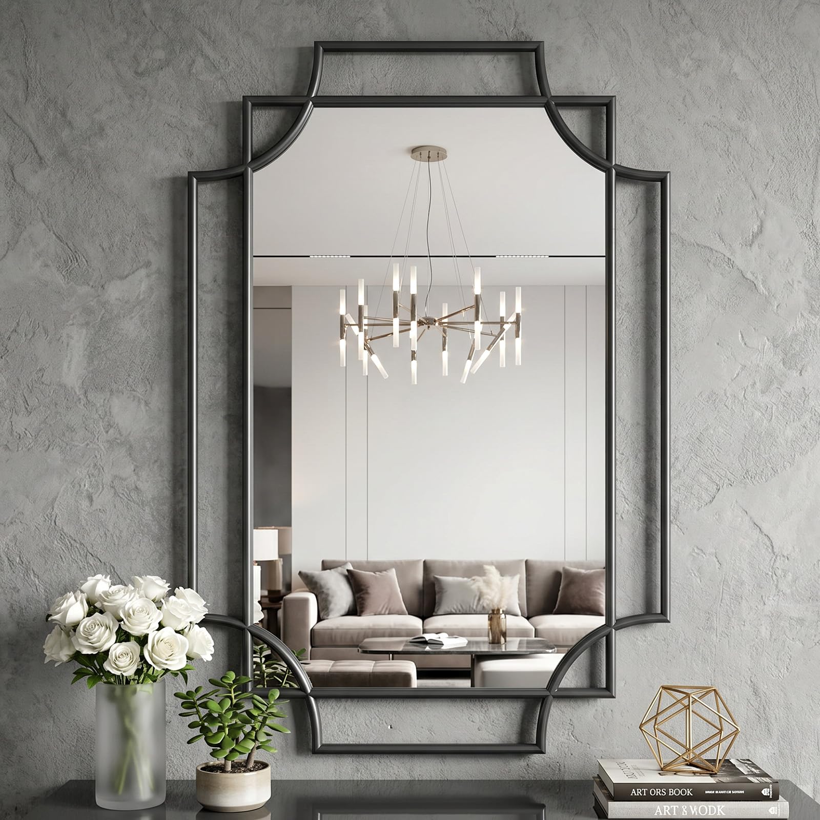 Black Mirror for Wall, 36"x24" Black Metal Framed, Scalloped Beveled Polished Rectangle Mirror, Large Decorative Mirrors for Wall Decor, Irregular Mirror for Living Room, Bathroom Vanity, Entryway